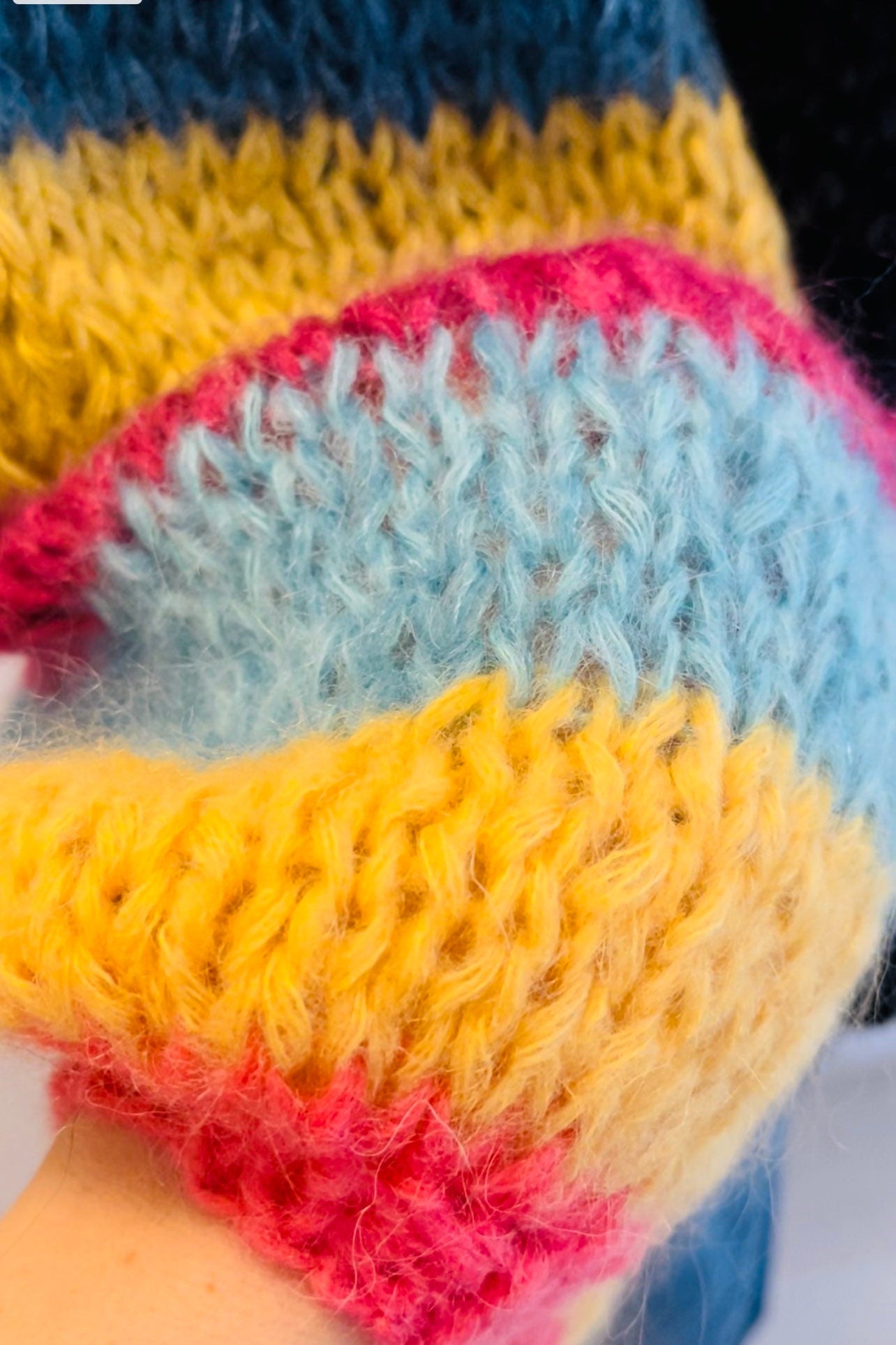 LIRA Black Cashmere Mohair Cardigan with Multicolor Striped Balloon Sleeves, Chunky Knit Jumper, Soft Black Cardigan, Knit Mohair Cardigan