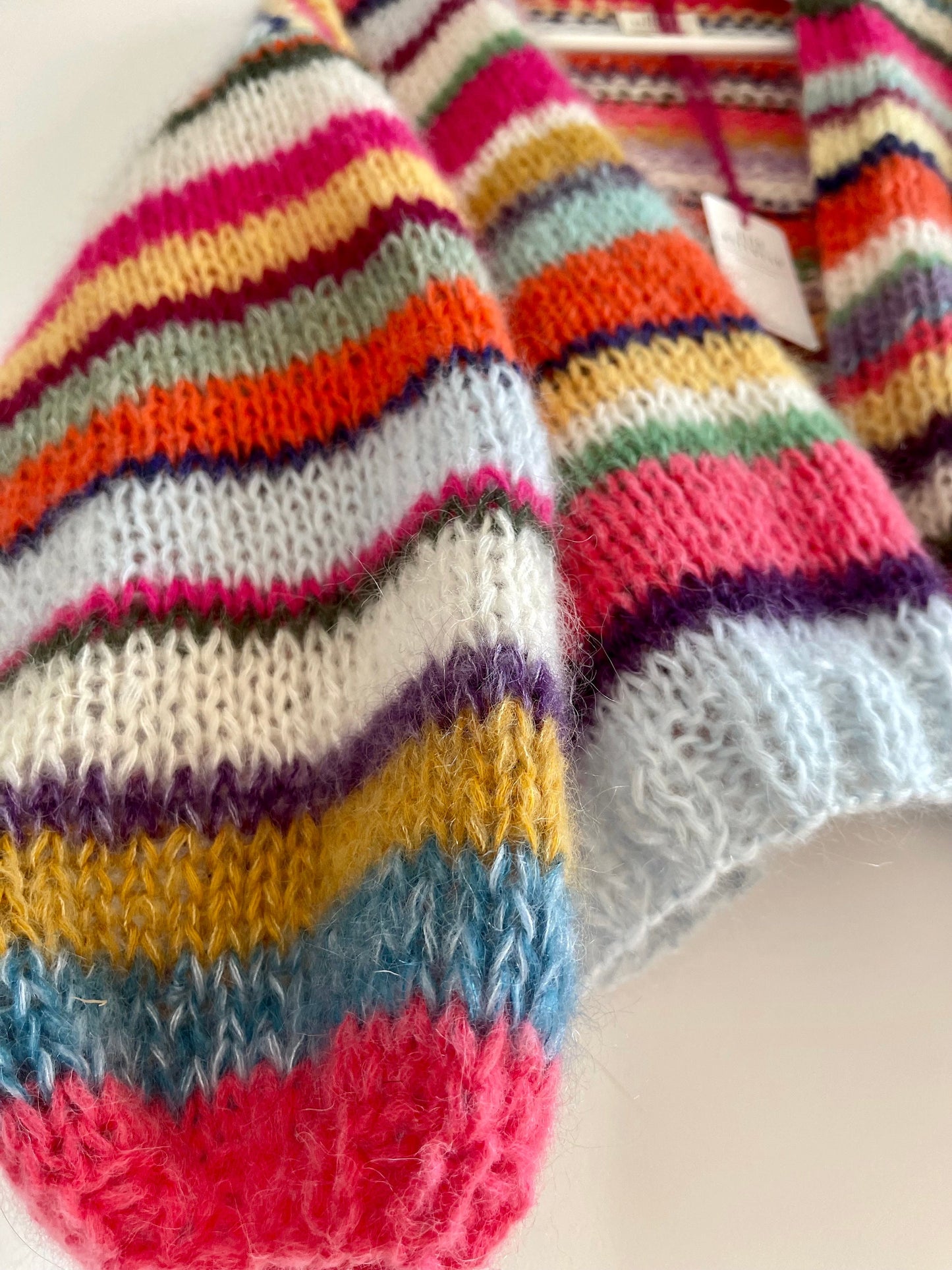 APRIL Silk Mohair Cardigan with Balloon Sleeves, Relaxed Fit, Hand Knit, Multicolor Jumper, Colourful Stripes, Striped Multicolor Cardigan