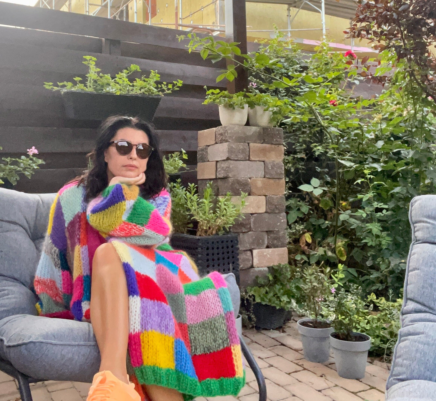 LEENA Long Line Patchwork Mohair Cardigan with Balloon Sleeves, Hand Knit Jumper, Rainbow Cardigan, Square Multicolor Jumper, Color Check