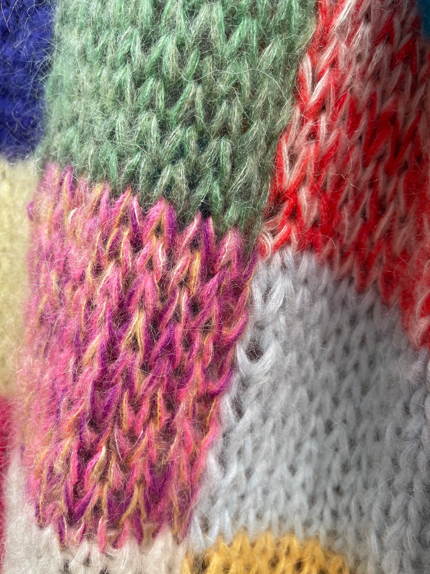 LEENA Long Line Patchwork Mohair Cardigan with Balloon Sleeves, Hand Knit Jumper, Rainbow Cardigan, Square Multicolor Jumper, Color Check