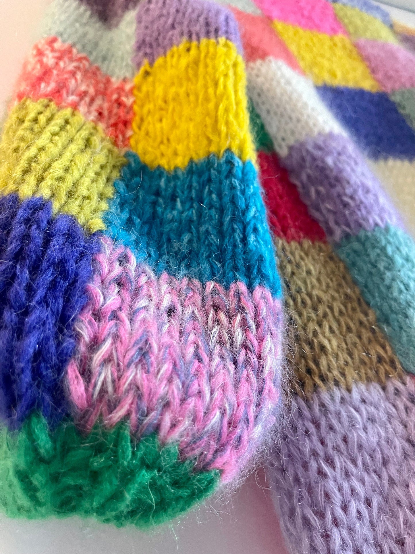 LEENA Long Line Patchwork Mohair Cardigan with Balloon Sleeves, Hand Knit Jumper, Rainbow Cardigan, Square Multicolor Jumper, Color Check