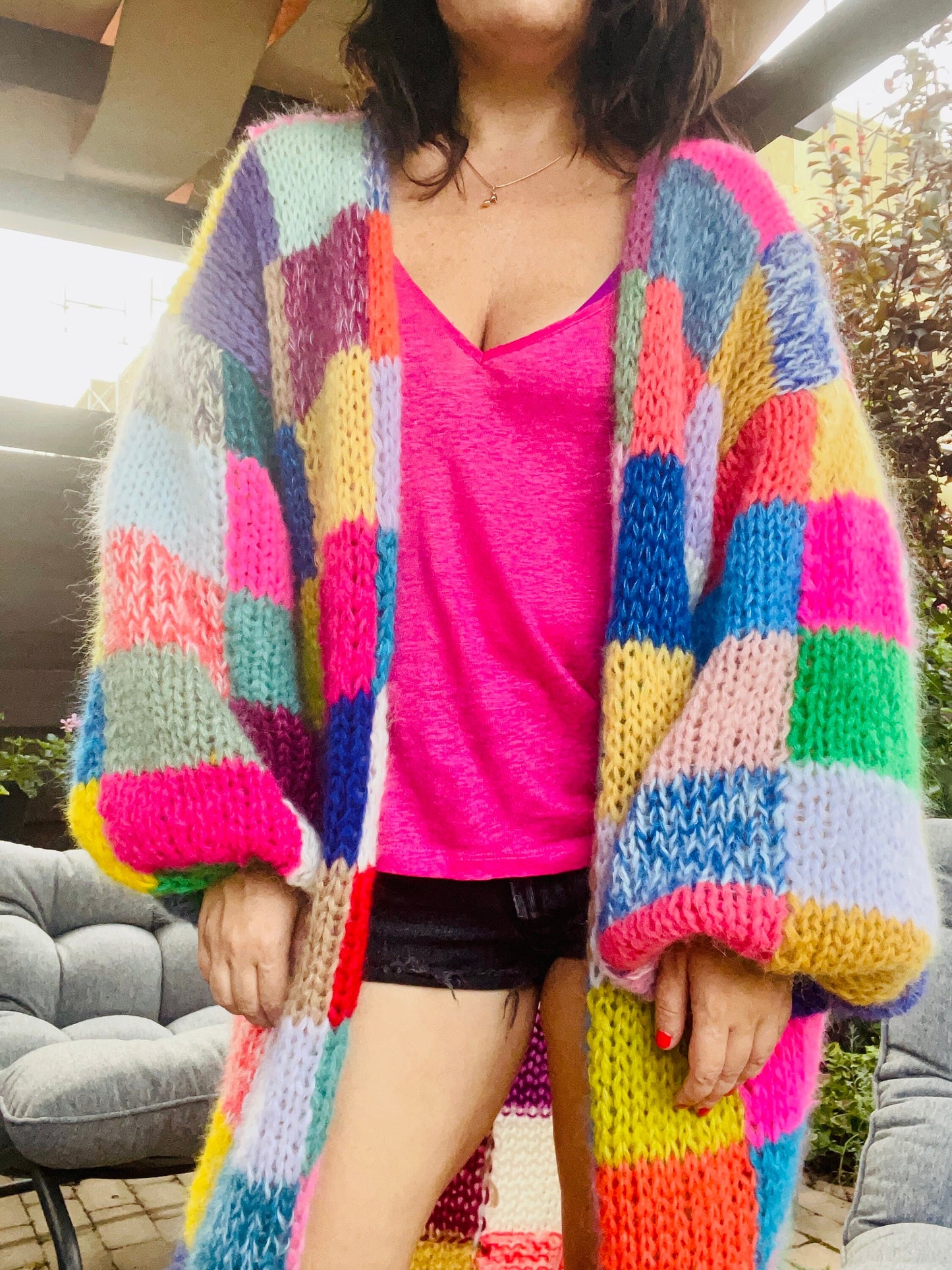 LEENA Long Line Patchwork Mohair Cardigan with Balloon Sleeves, Hand Knit Jumper, Rainbow Cardigan, Square Multicolor Jumper, Color Check
