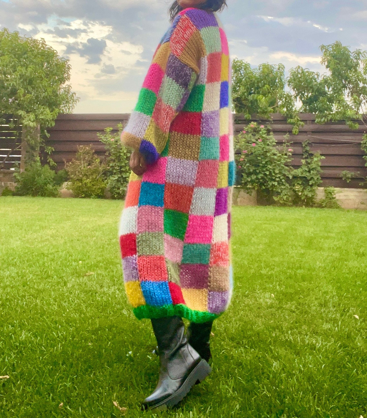 LEENA Long Line Patchwork Mohair Cardigan with Balloon Sleeves, Hand Knit Jumper, Rainbow Cardigan, Square Multicolor Jumper, Color Check