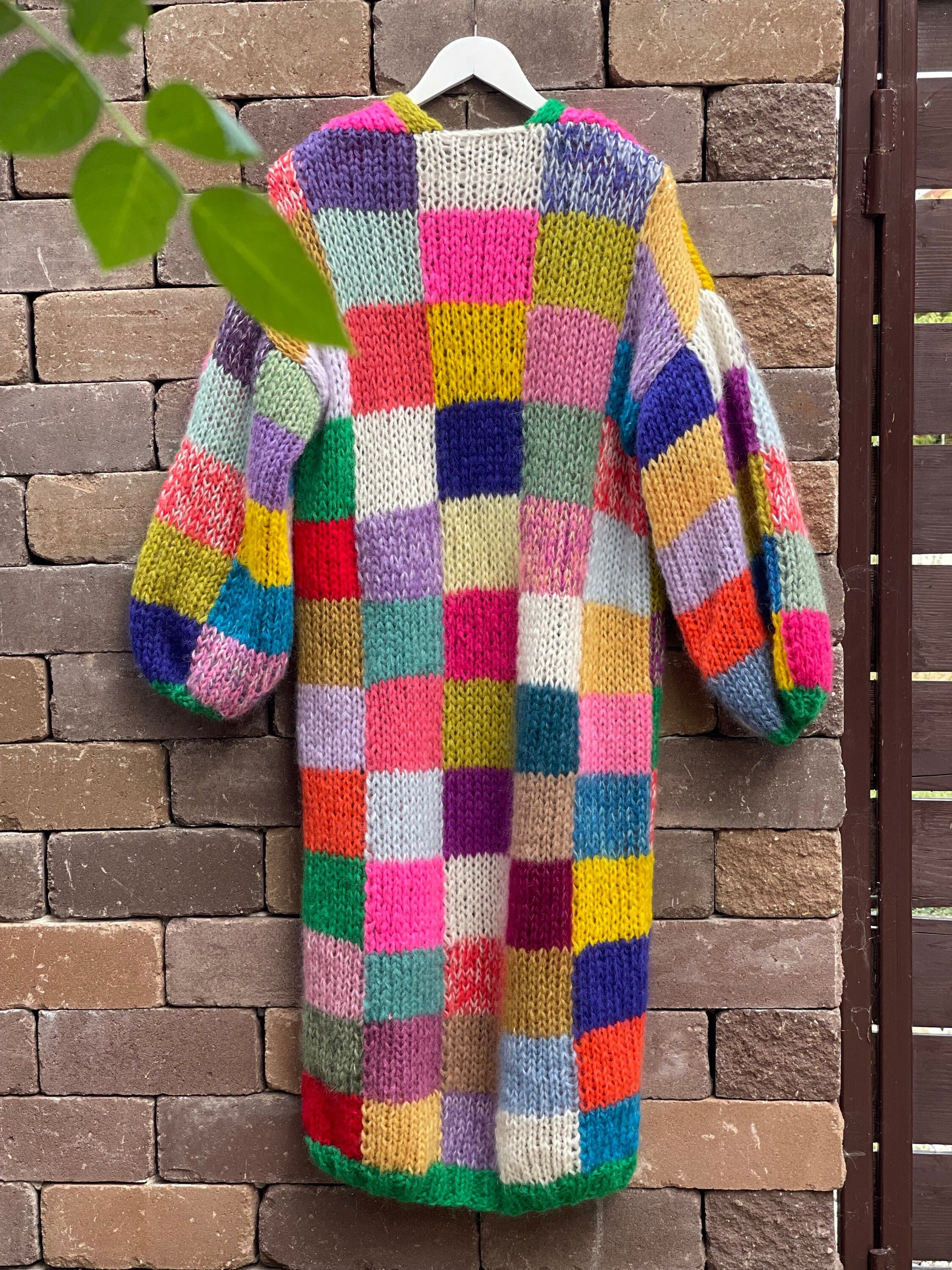LEENA Long Line Patchwork Mohair Cardigan with Balloon Sleeves, Hand Knit Jumper, Rainbow Cardigan, Square Multicolor Jumper, Color Check