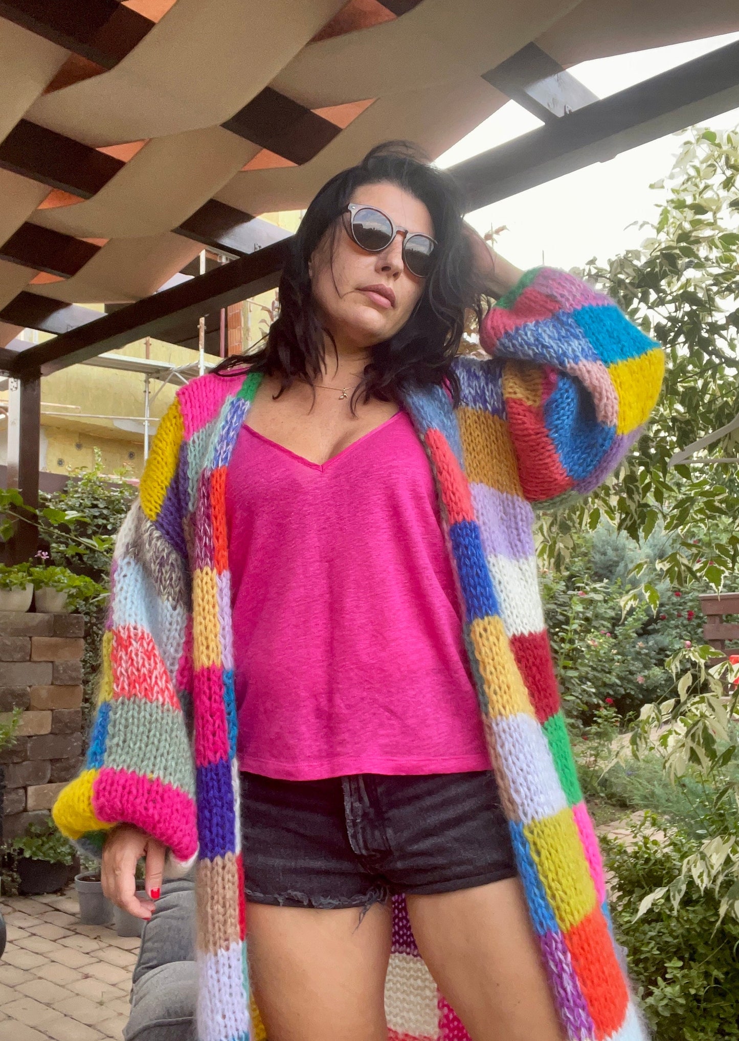 LEENA Long Line Patchwork Mohair Cardigan with Balloon Sleeves, Hand Knit Jumper, Rainbow Cardigan, Square Multicolor Jumper, Color Check