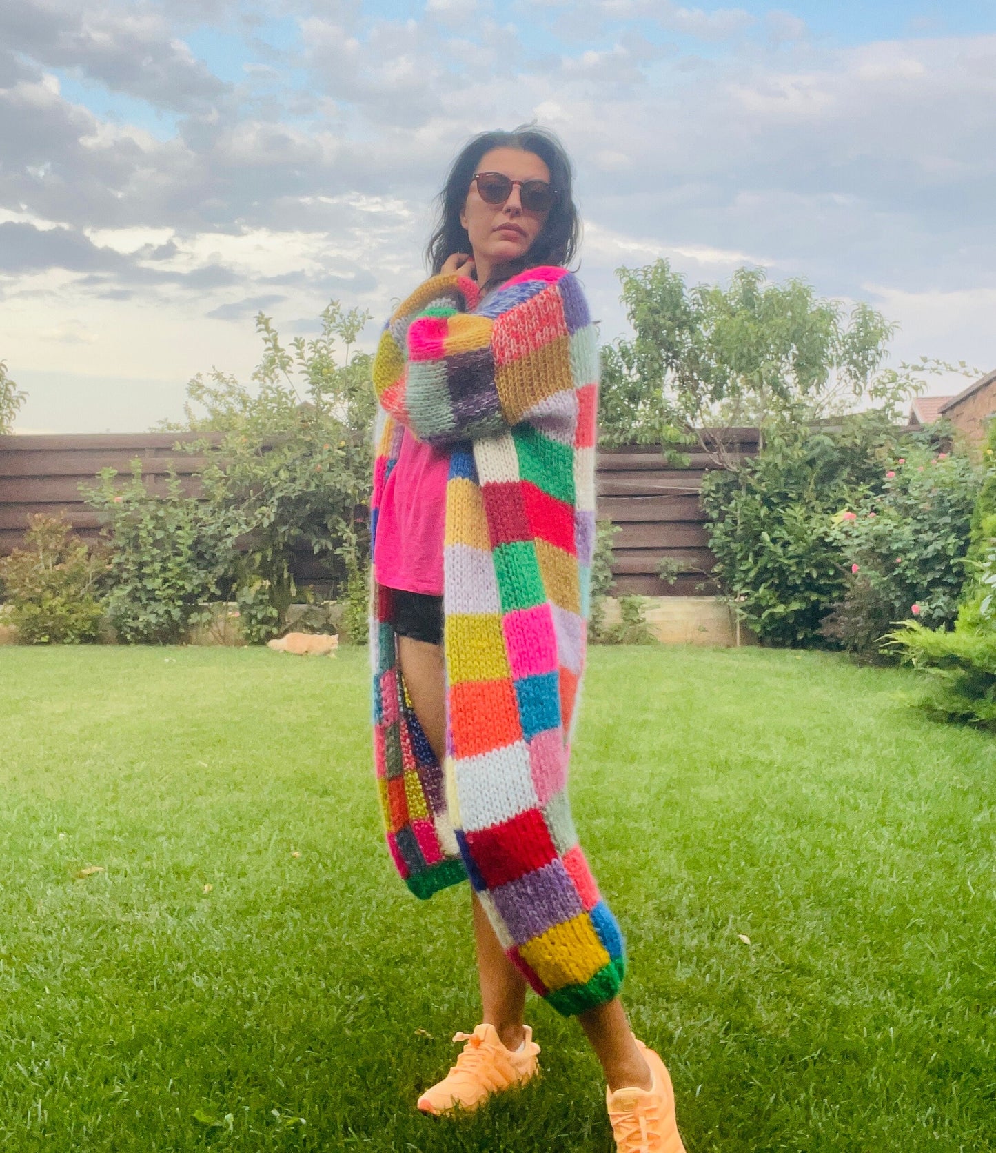 LEENA Long Line Patchwork Mohair Cardigan with Balloon Sleeves, Hand Knit Jumper, Rainbow Cardigan, Square Multicolor Jumper, Color Check