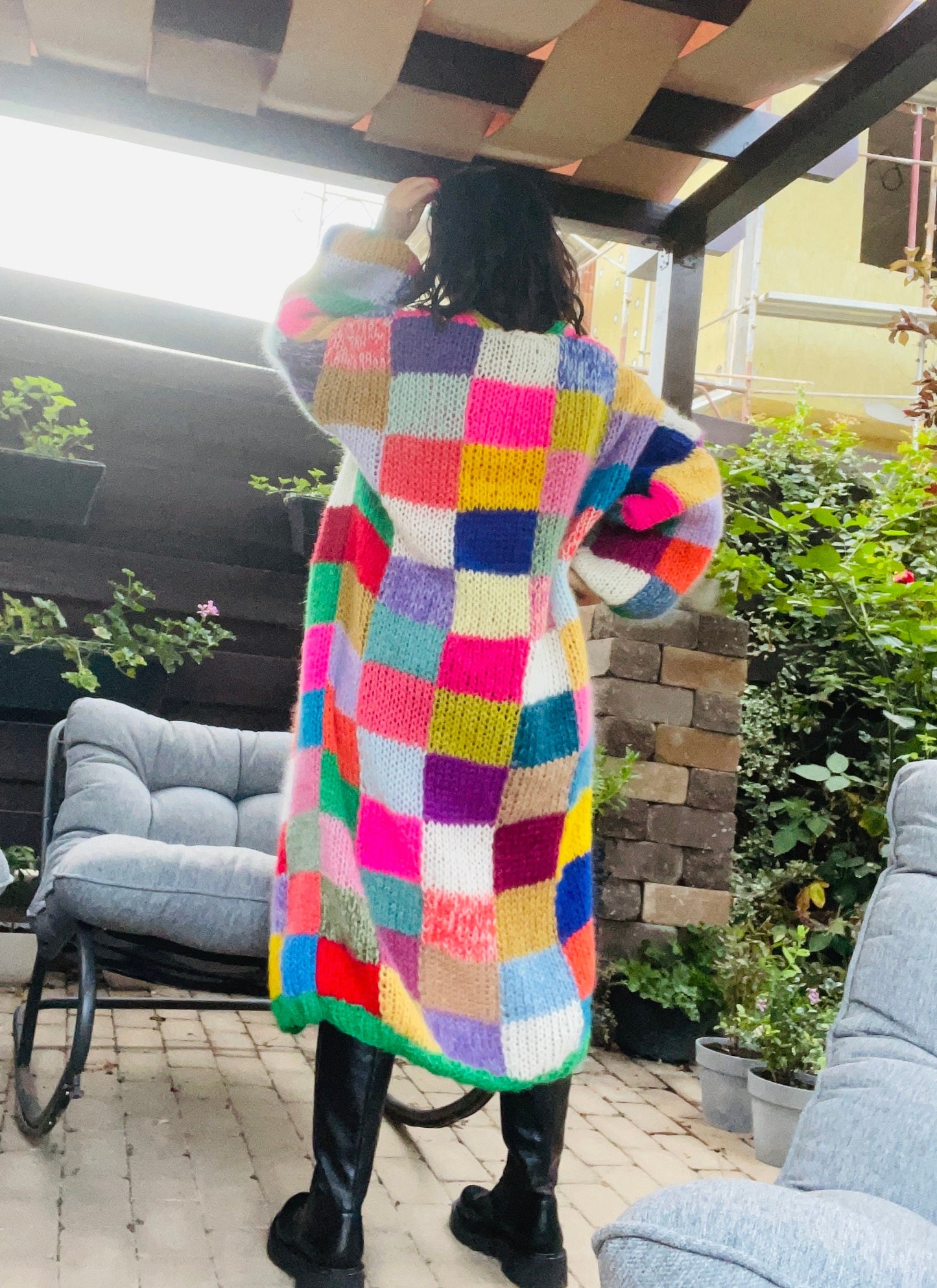 LEENA Long Line Patchwork Mohair Cardigan with Balloon Sleeves, Hand Knit Jumper, Rainbow Cardigan, Square Multicolor Jumper, Color Check