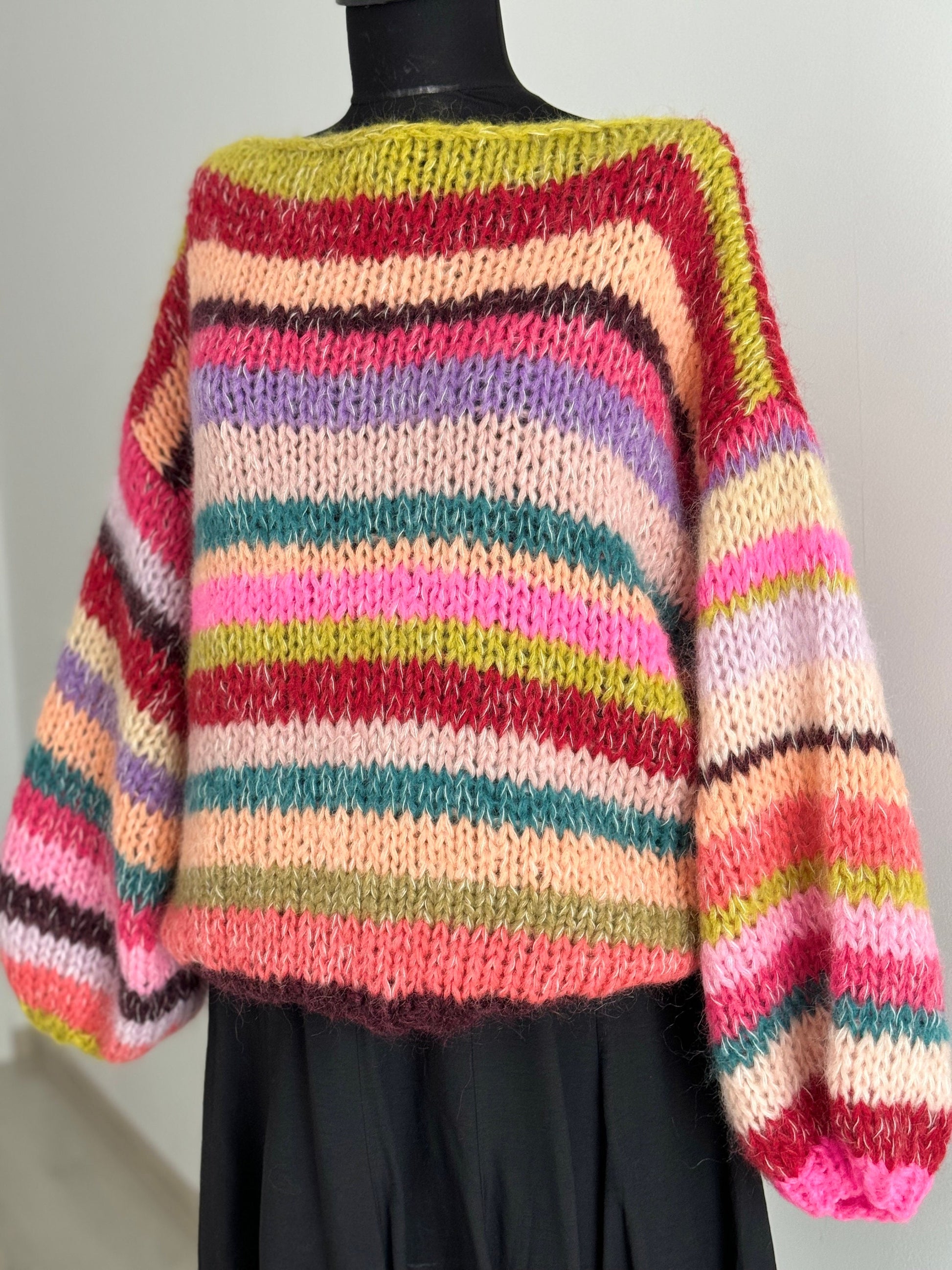 MAY 2 Rainbow Pullover, Knit Mohair Sweater with Balloon Sleeves, Multicolor Knit, Hand Knit Cardigan, Striped Sweater