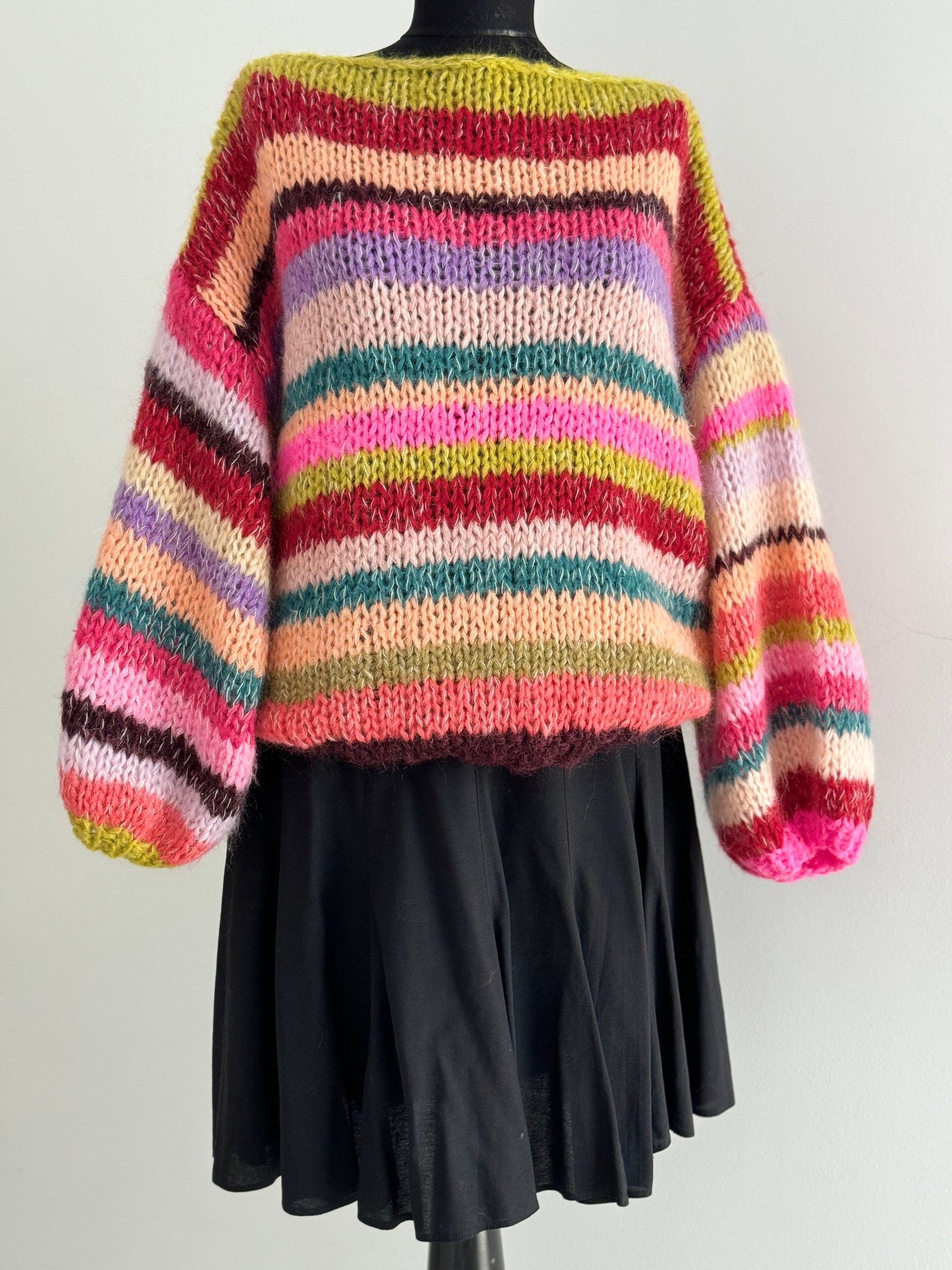 MAY 2 Rainbow Pullover, Knit Mohair Sweater with Balloon Sleeves, Multicolor Knit, Hand Knit Cardigan, Striped Sweater