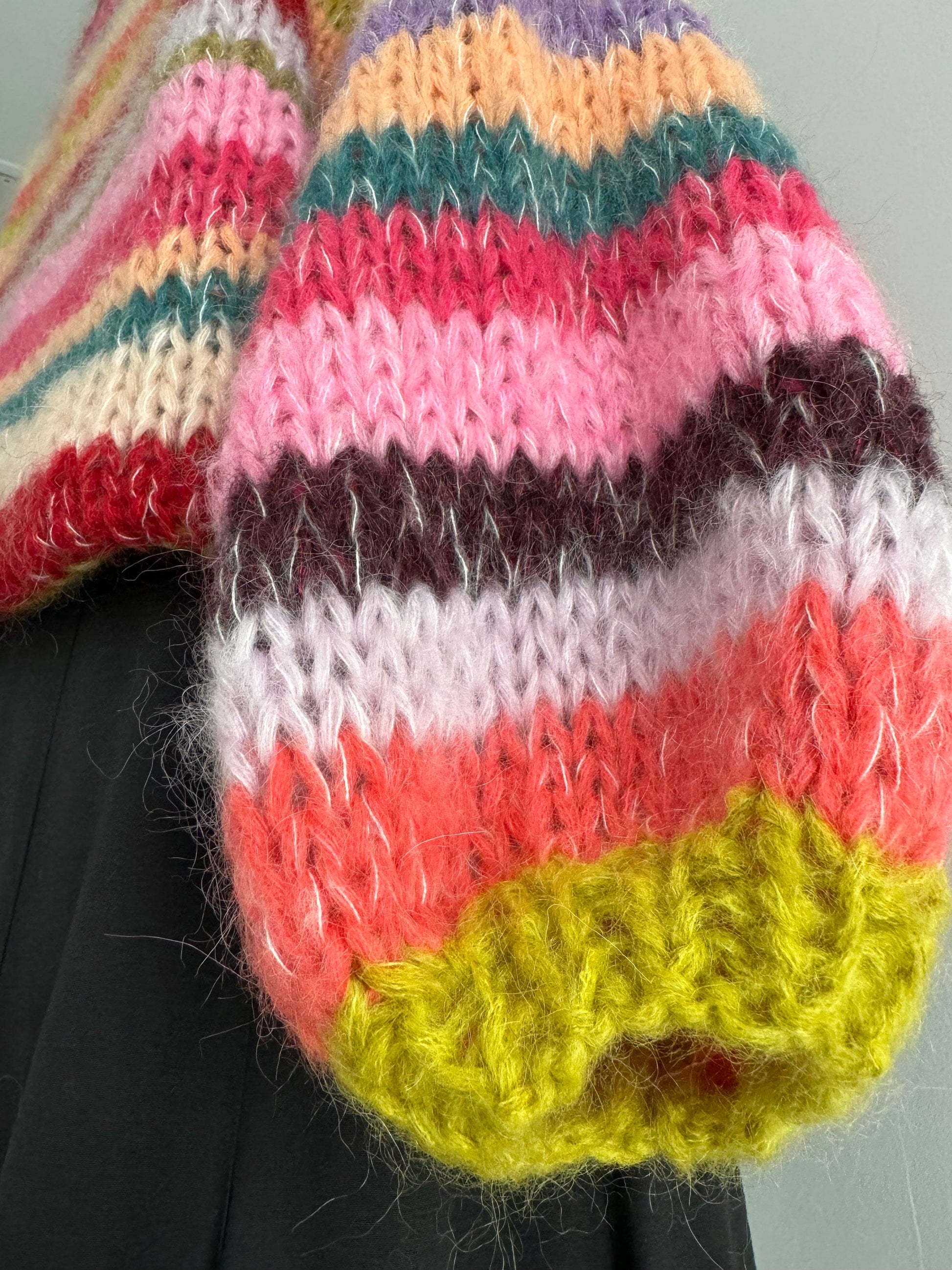 MAY 2 Rainbow Pullover, Knit Mohair Sweater with Balloon Sleeves, Multicolor Knit, Hand Knit Cardigan, Striped Sweater