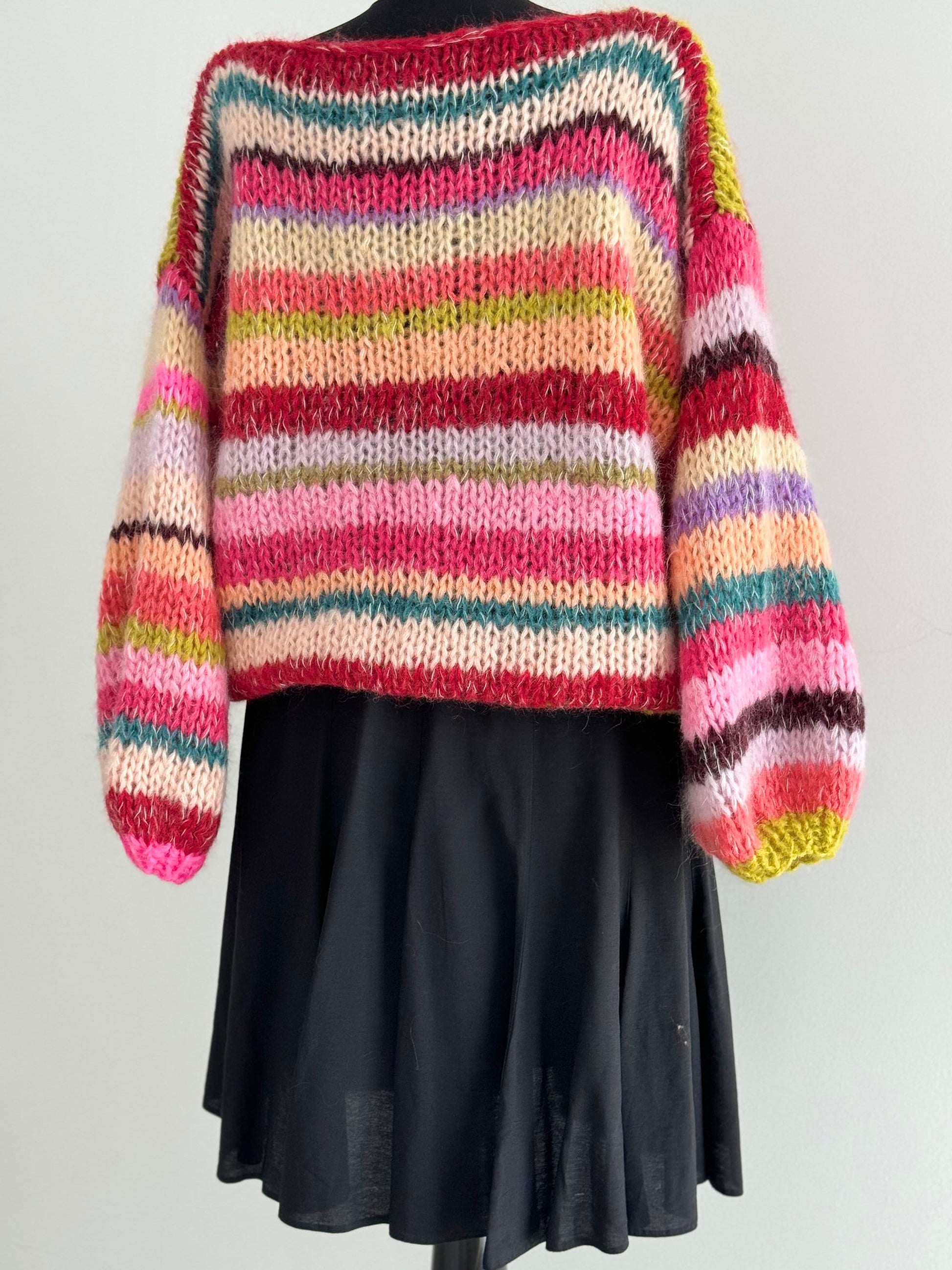 MAY 2 Rainbow Pullover, Knit Mohair Sweater with Balloon Sleeves, Multicolor Knit, Hand Knit Cardigan, Striped Sweater