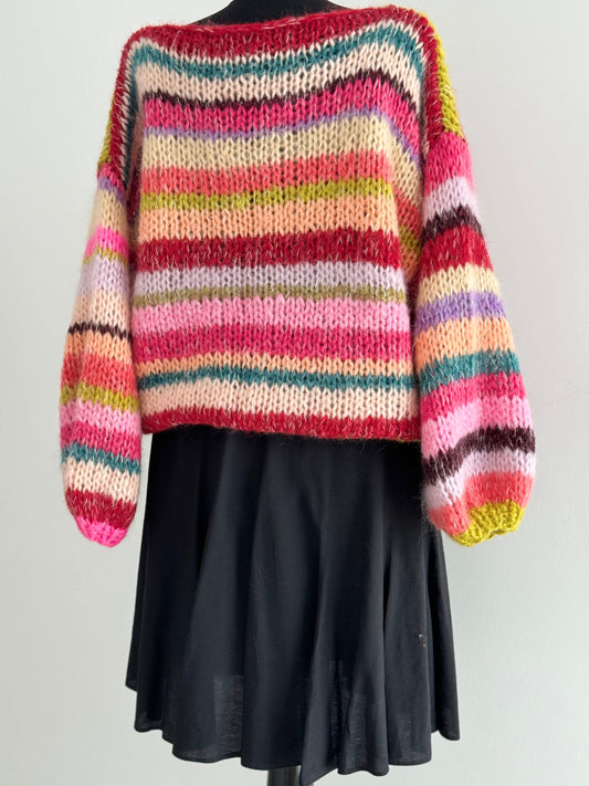 MAY 2 Rainbow Pullover, Knit Mohair Sweater with Balloon Sleeves, Multicolor Knit, Hand Knit Cardigan, Striped Sweater
