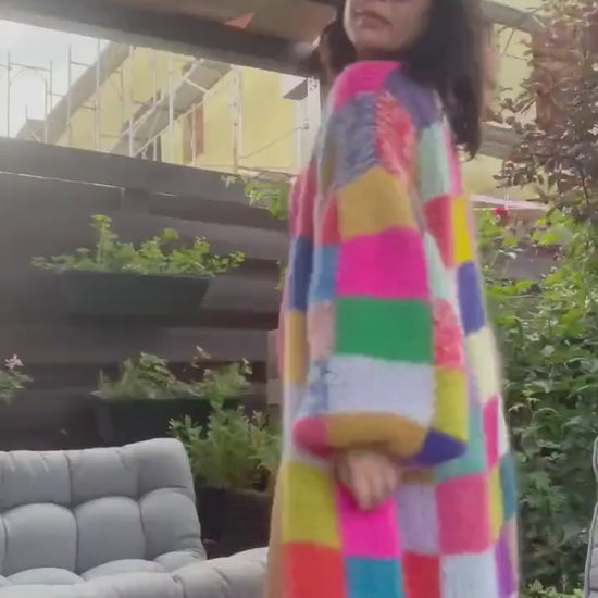 LEENA Long Line Patchwork Mohair Cardigan with Balloon Sleeves, Hand Knit Jumper, Rainbow Cardigan, Square Multicolor Jumper, Color Check