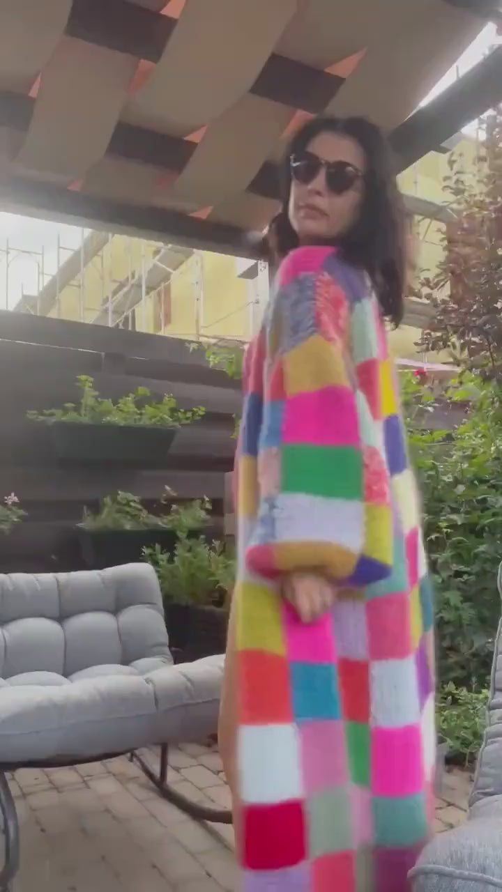 LEENA Long Line Patchwork Mohair Cardigan with Balloon Sleeves, Hand Knit Jumper, Rainbow Cardigan, Square Multicolor Jumper, Color Check