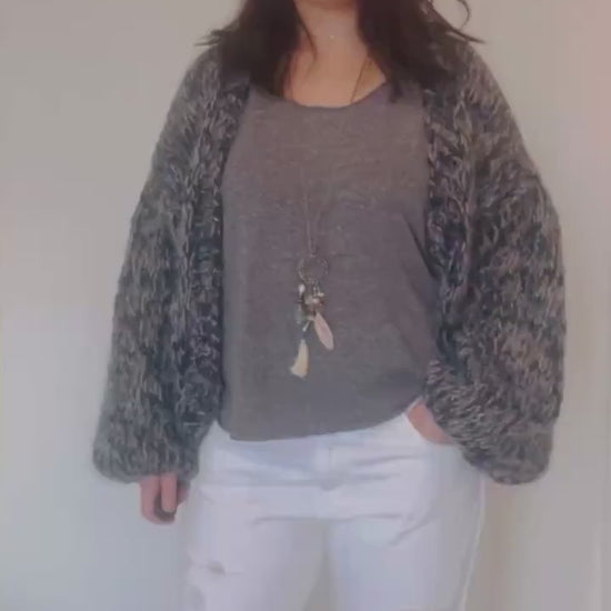 NORDIC Oversized Cardigan, Black & White Knit Cardigan with Balloon Sleeves, Wool Mohair Chinky Cardigan, Relaxed Fit Cardigan