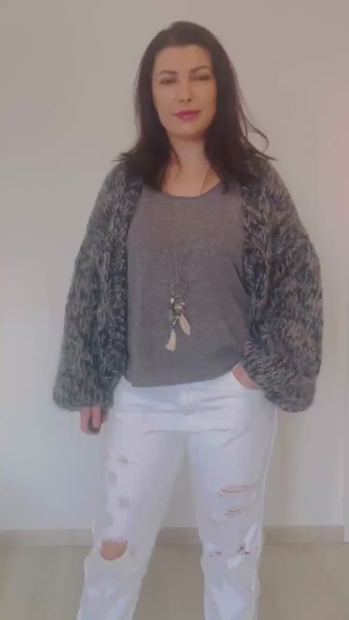 NORDIC Oversized Cardigan, Black & White Knit Cardigan with Balloon Sleeves, Wool Mohair Chinky Cardigan, Relaxed Fit Cardigan