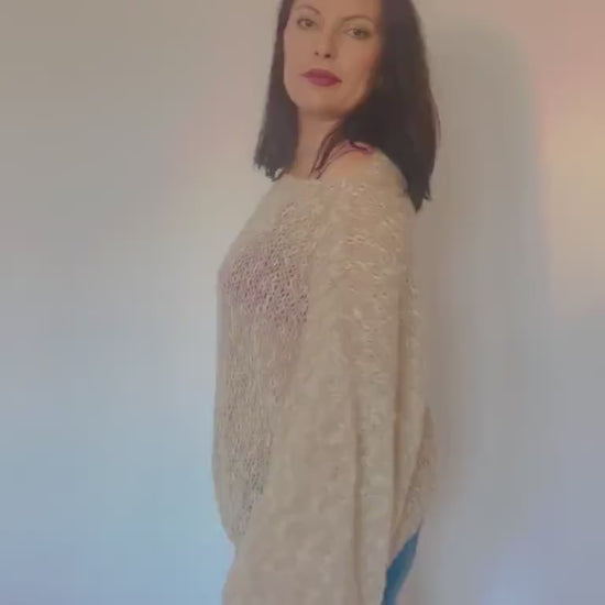 MATIRA Beige Knit Sweater, Alpaca Cotton Jumper, Nude Sweater, Light Sweater, Balloon Sleeves, Hand Knit, Ready to Ship, Natural Fibers