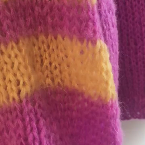 Violet Mohair Sweater, Oversized with Balloon Sleeves, Striped Sleeves, Light Soft Jumper, Purple Oversized Sweater