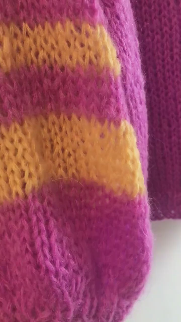 Violet Mohair Sweater, Oversized with Balloon Sleeves, Striped Sleeves, Light Soft Jumper, Purple Oversized Sweater
