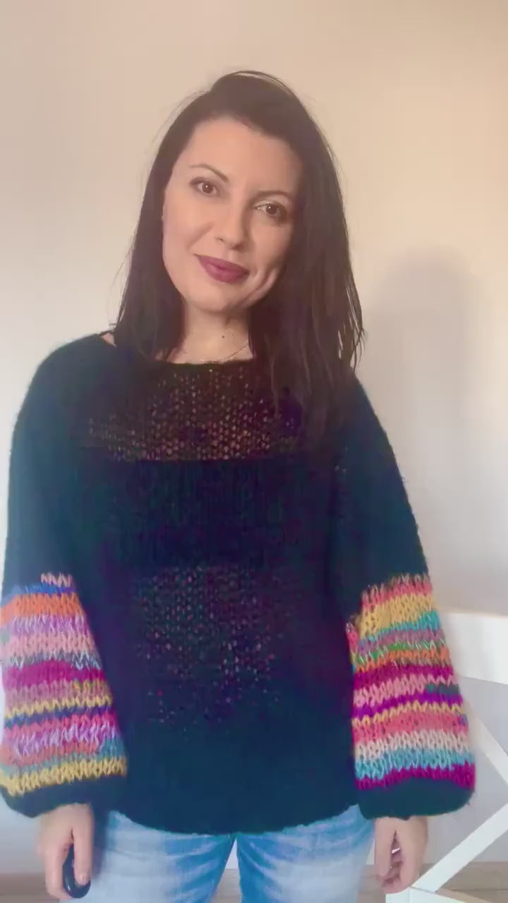 ALHAMBRA Black Cashmere Mohair Pullover with Colourful Balloon Sleeves, Multicolor Jumper, Mohair Knit Sweater, Rainbow Sleeves, Soft Mohair