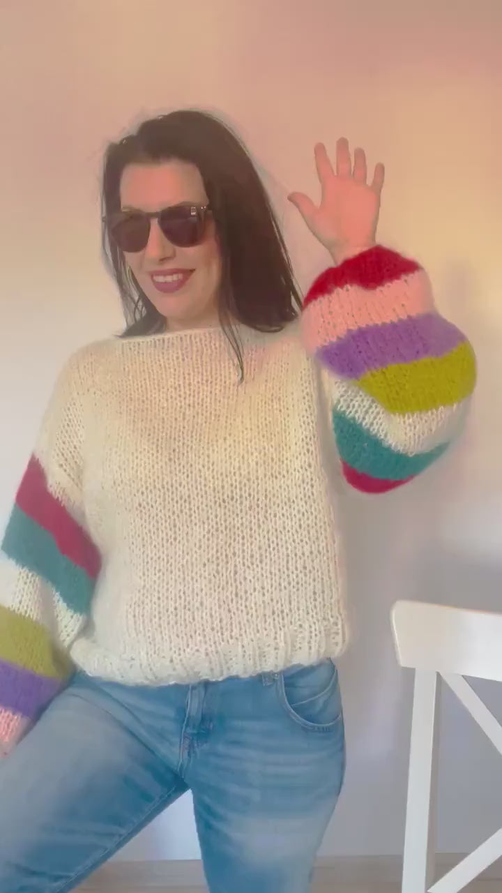ELBA  White Mohair Pullover with Multicolor Striped Balloon Sleeves, Oversized Knit Sweater