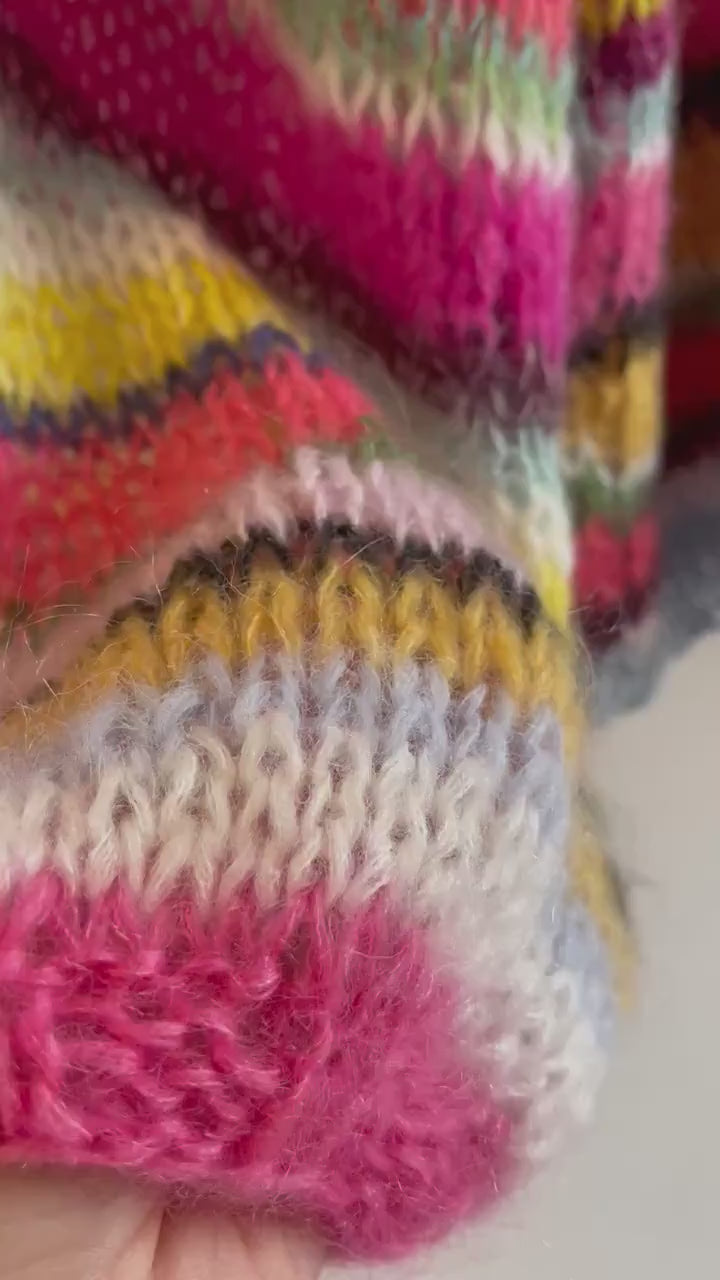 APRIL Silk Mohair Cardigan with Balloon Sleeves, Relaxed Fit, Hand Knit, Multicolor Jumper, Colourful Stripes, Striped Multicolor Cardigan