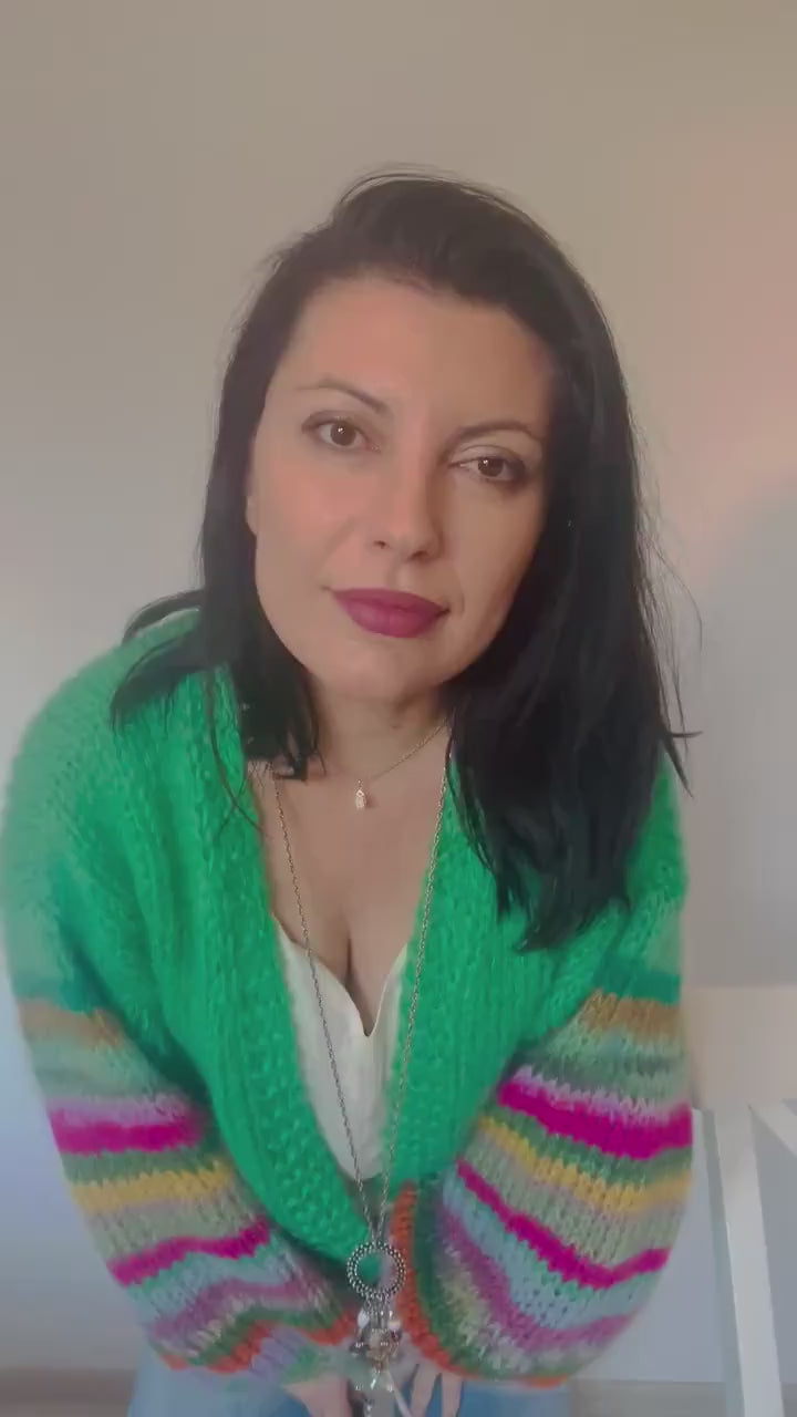 JADE Oversized Mohair Cardigan, Green Cardigan with Balloon Striped Sleeves, Hand Knit