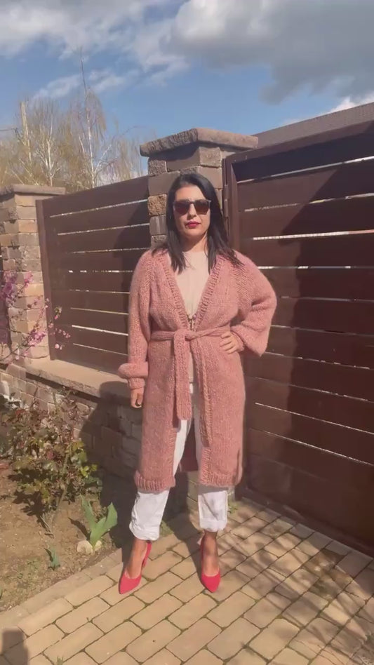 LARA Long Knit Cardigan with Belt, Pink Blush Cardigan, Alpaca Merino Long Coat, Long Knit Cardigan with Belt, Pastel Soft Alpaca Cardigan