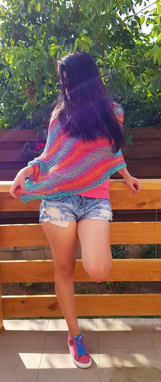 Ready to Ship Colored Summer Shawl, Hippie Poncho, Boho Shawl, Summer Cover Up, Rainbow Shawl, Cotton Shawl