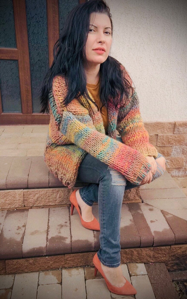 Sunny Rainbow Chunky Cardigan, Oversized Cardigan, Hand Knit Jumper , Multicolor Sweater, Winter Cardigan, Degrade Sweater, Striped Cardigan