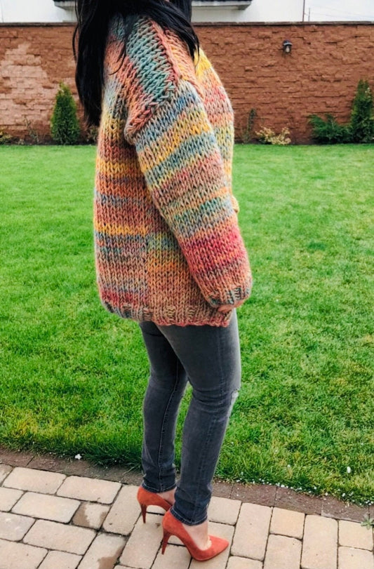 Sunny Rainbow Chunky Cardigan, Oversized Cardigan, Hand Knit Jumper , Multicolor Sweater, Winter Cardigan, Degrade Sweater, Striped Cardigan