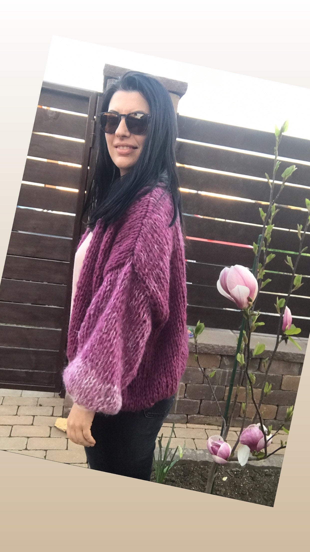 MAGNOLIA Cropped Mohair Cardigan with Balloon Sleeves | Mohair Jumper | Purple Cardigan | Chunky Mohair Cardigan
