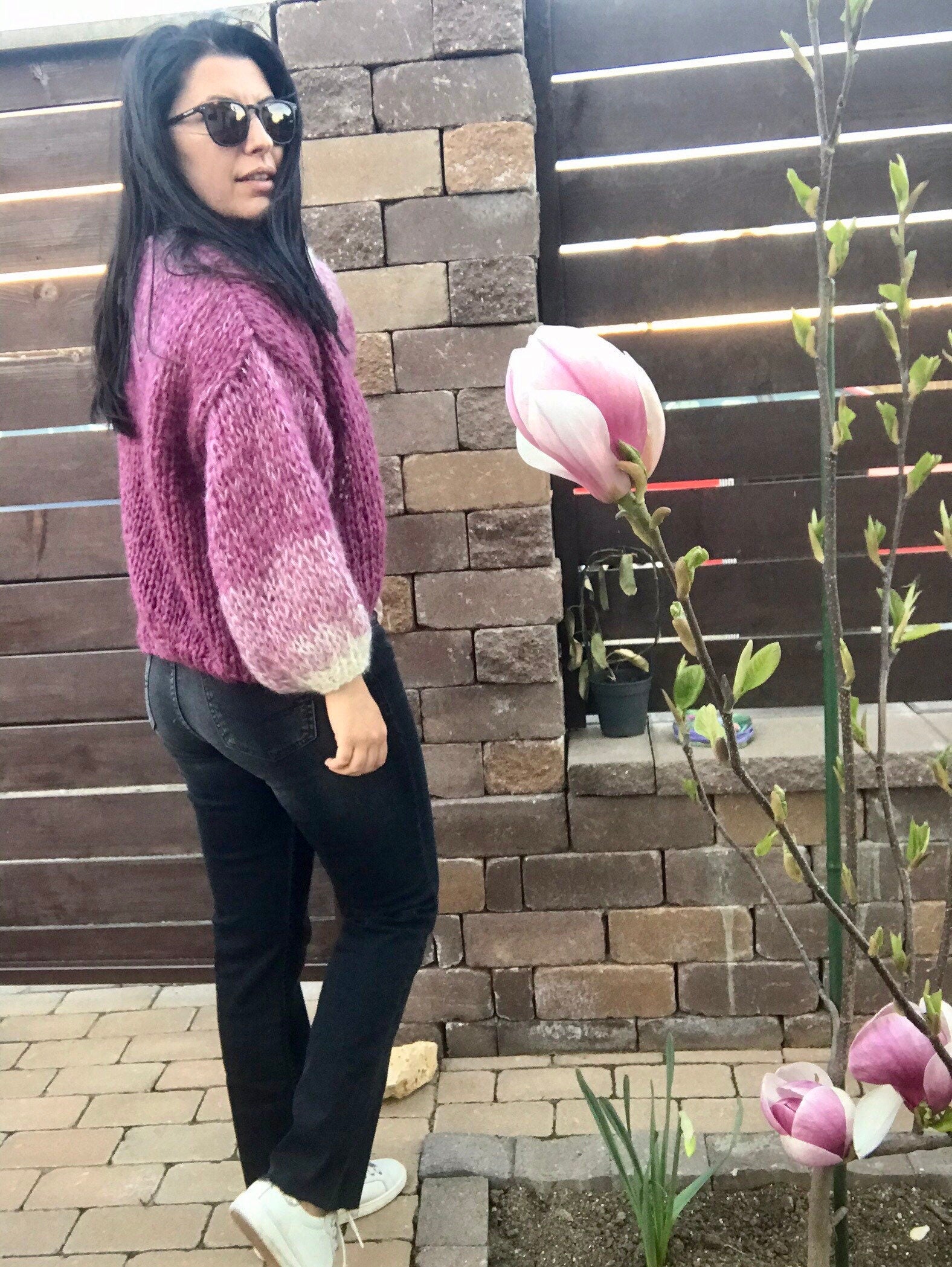 MAGNOLIA Cropped Mohair Cardigan with Balloon Sleeves | Mohair Jumper | Purple Cardigan | Chunky Mohair Cardigan
