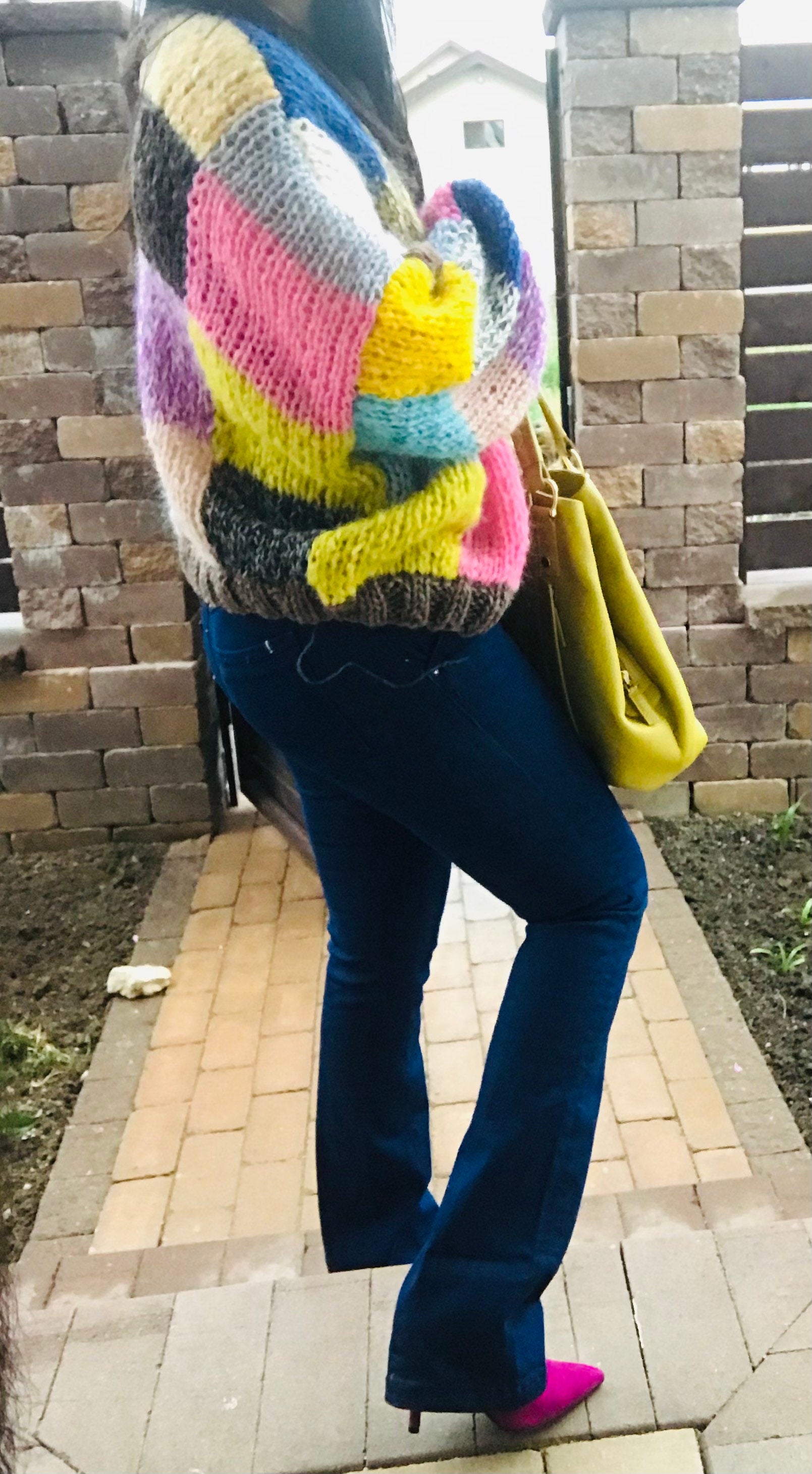 Patchwork Mohair Cardigan with Balloon Sleeves, Oversized Sweater, Hand Knit Jumper, Rainbow Cardigan, Square Multicolor Jumper, Color Check