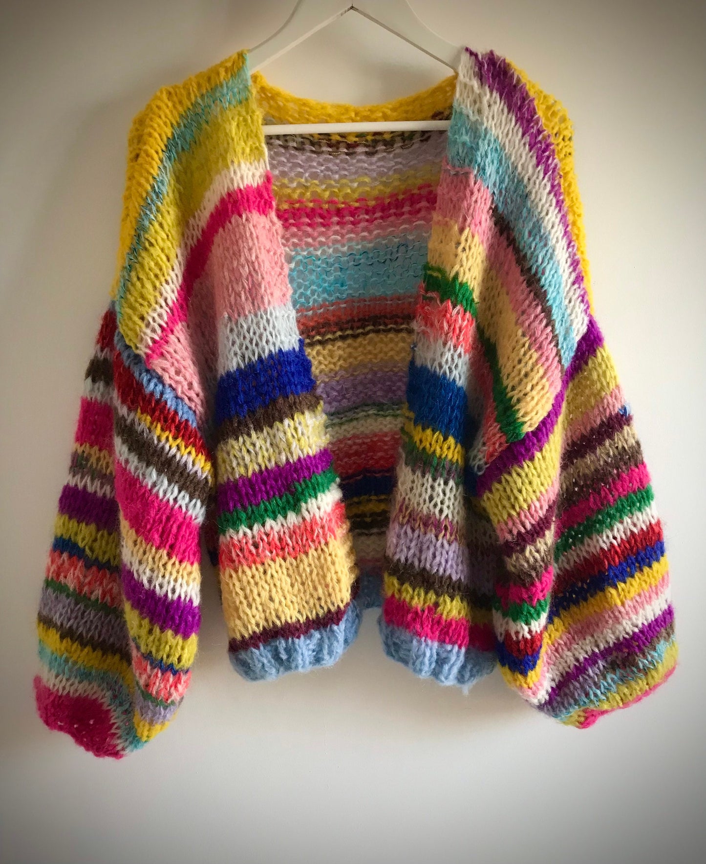 JOY Oversized Rainbow Cardigan, Hand Knit Jumper, Hand Knit Chunky Cardigan with Balloon Sleeves, Multicolor Sweater, Striped Cardigan