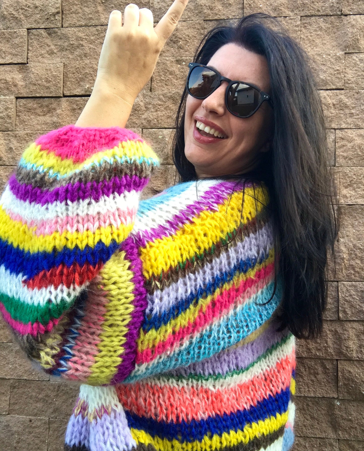 JOY Oversized Rainbow Cardigan, Hand Knit Jumper, Hand Knit Chunky Cardigan with Balloon Sleeves, Multicolor Sweater, Striped Cardigan