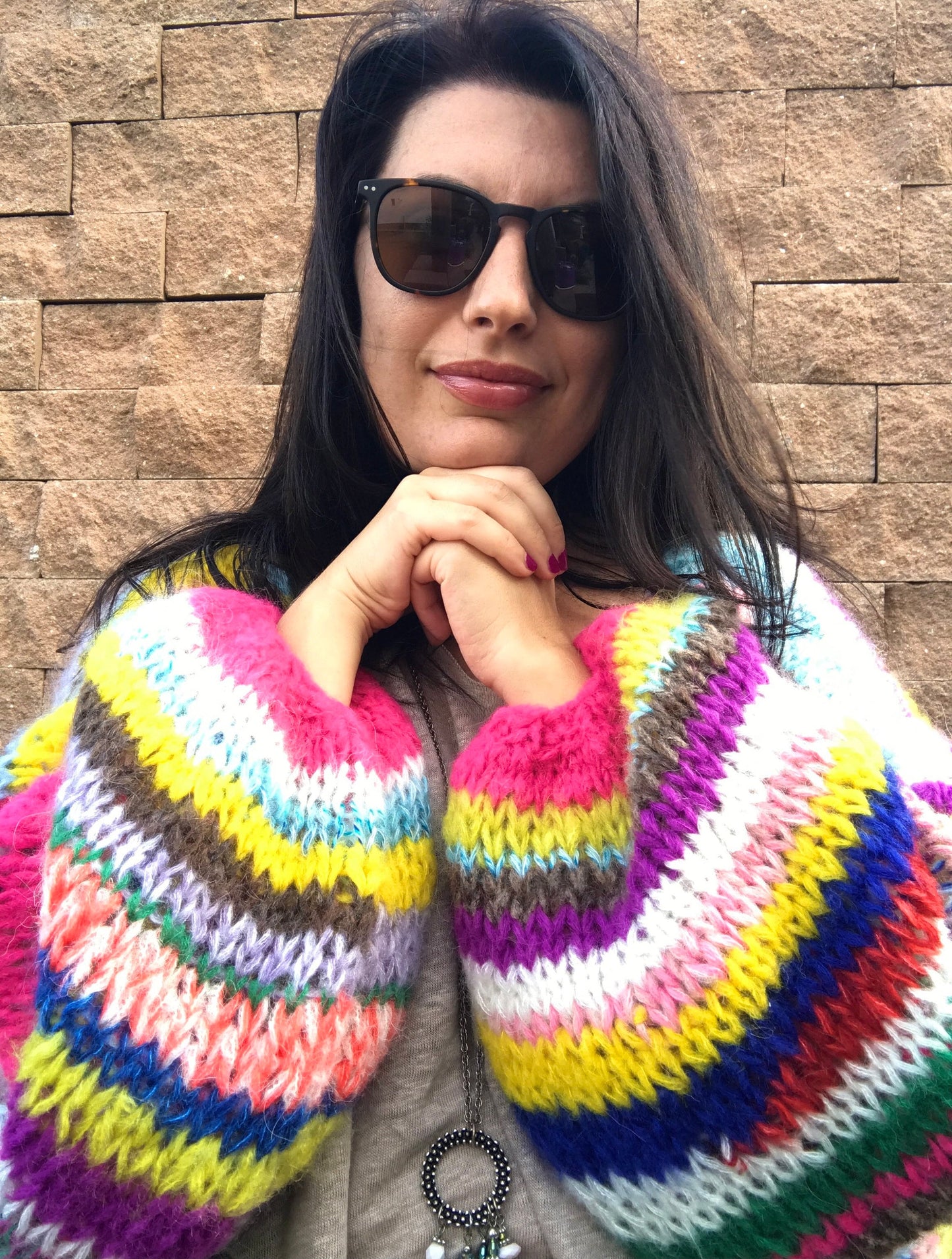 JOY Oversized Rainbow Cardigan, Hand Knit Jumper, Hand Knit Chunky Cardigan with Balloon Sleeves, Multicolor Sweater, Striped Cardigan