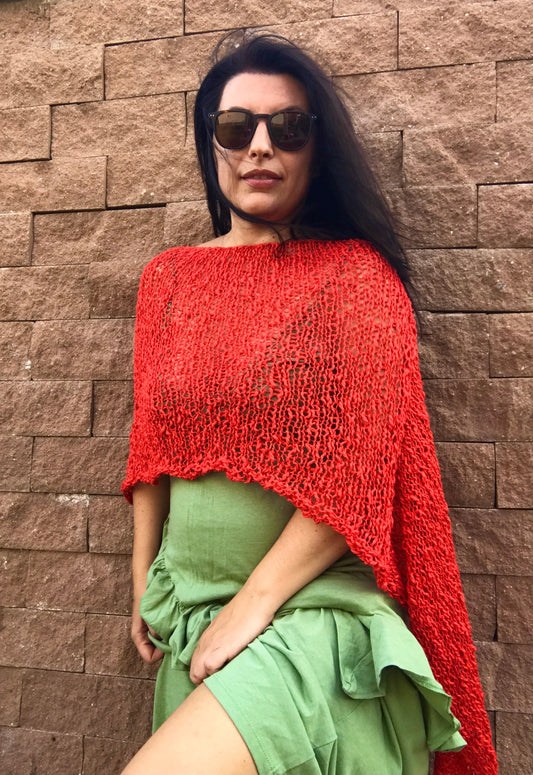 Summer Red Poncho, Hand Knit Shrug | Loose Knit, Summer Wrap, Cotton Bolero, Sexy CoverUp, Beach CoverUp, Boho Clothing, Vegan Clothing