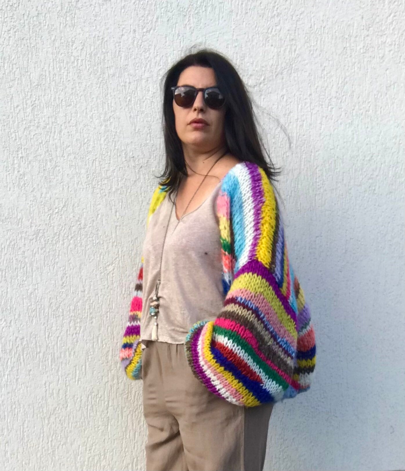 JOY Oversized Rainbow Cardigan, Hand Knit Jumper, Hand Knit Chunky Cardigan with Balloon Sleeves, Multicolor Sweater, Striped Cardigan