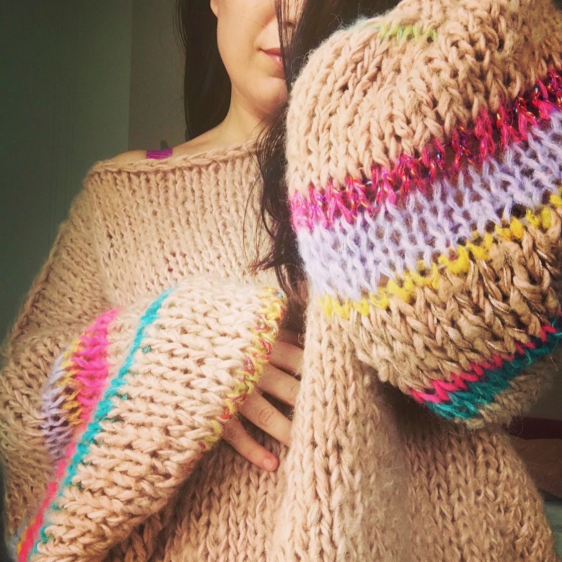 Nude Oversized Sweater with Balloon Sleeves, Large Pullover with Striped Sleeves, Beige Jumper, Fashion Cardigan, Exclusive Knitwear
