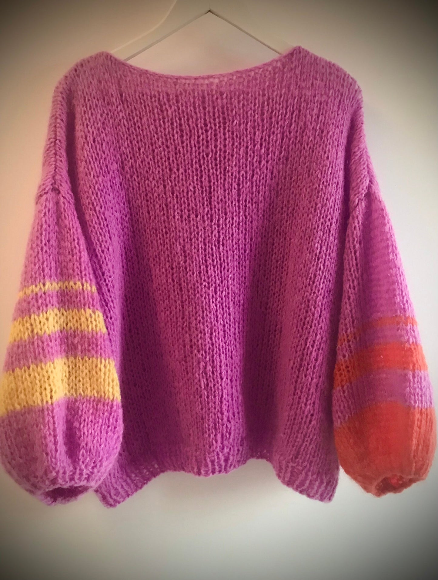Violet Mohair Sweater, Oversized with Balloon Sleeves, Striped Sleeves, Light Soft Jumper, Purple Oversized Sweater