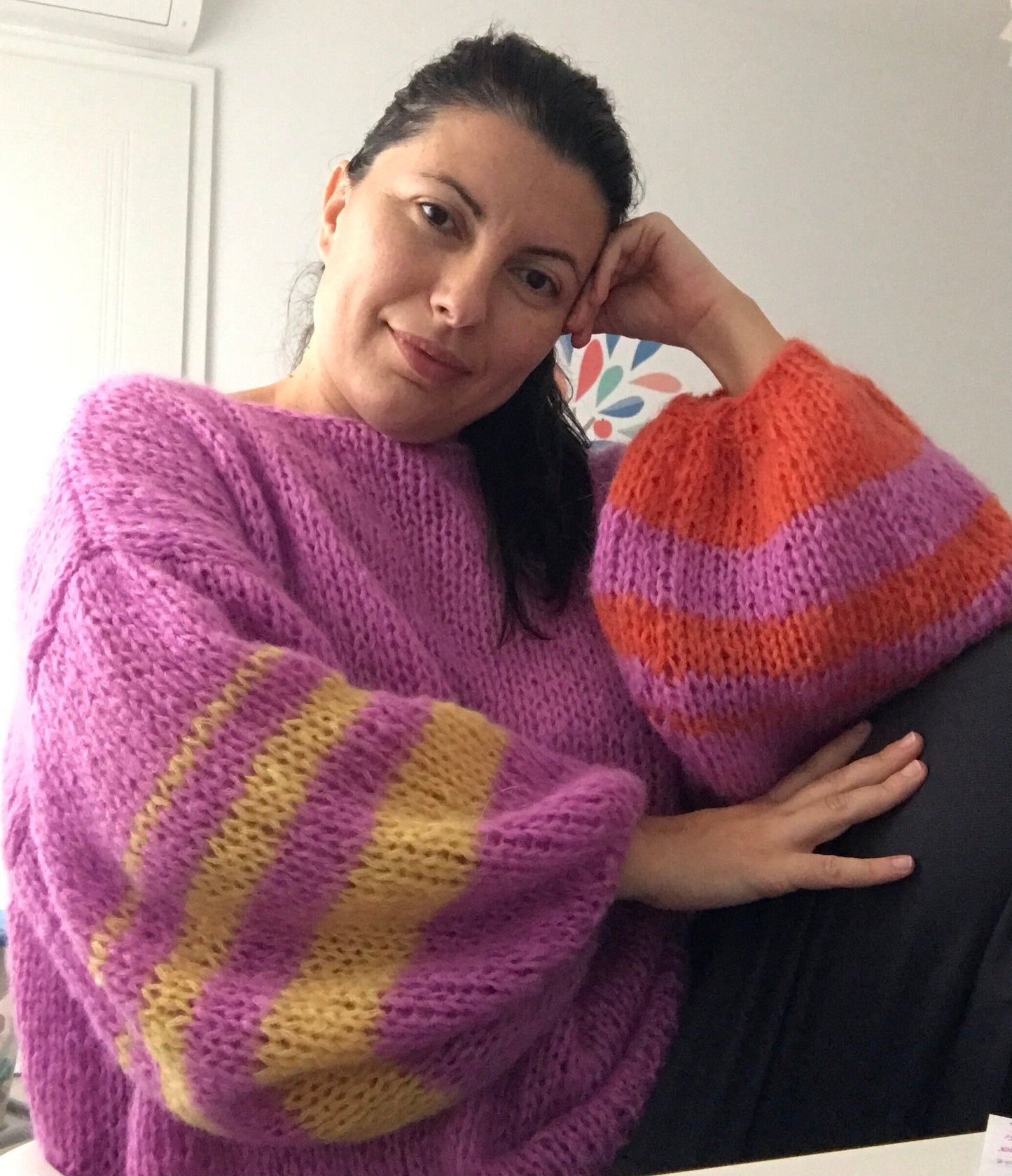 Violet Mohair Sweater, Oversized with Balloon Sleeves, Striped Sleeves, Light Soft Jumper, Purple Oversized Sweater