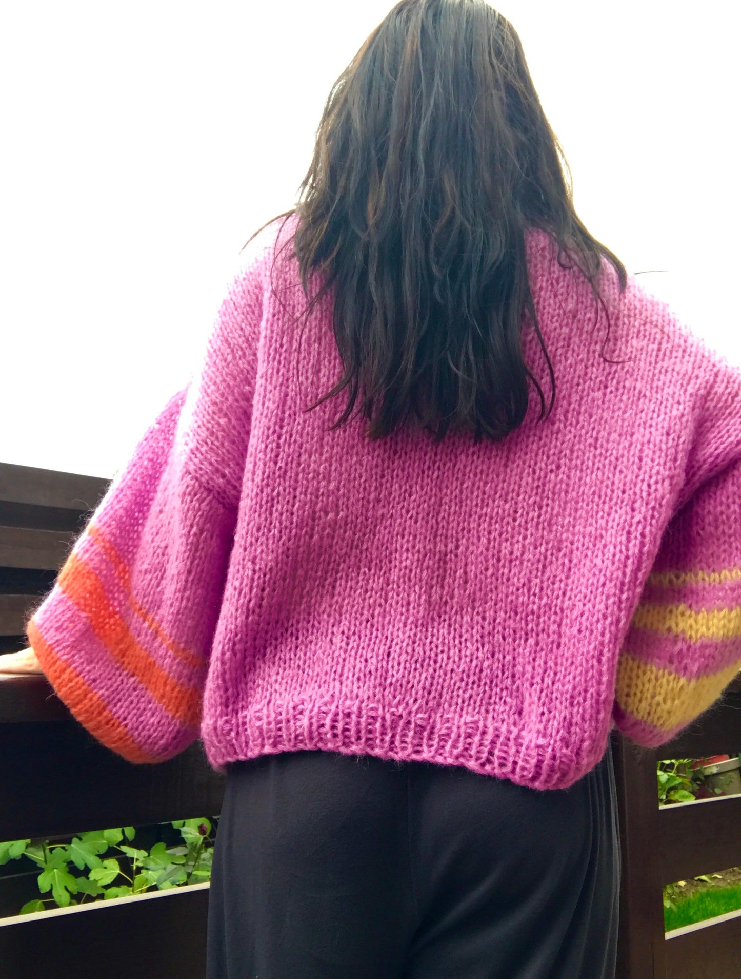 Violet Mohair Sweater, Oversized with Balloon Sleeves, Striped Sleeves, Light Soft Jumper, Purple Oversized Sweater