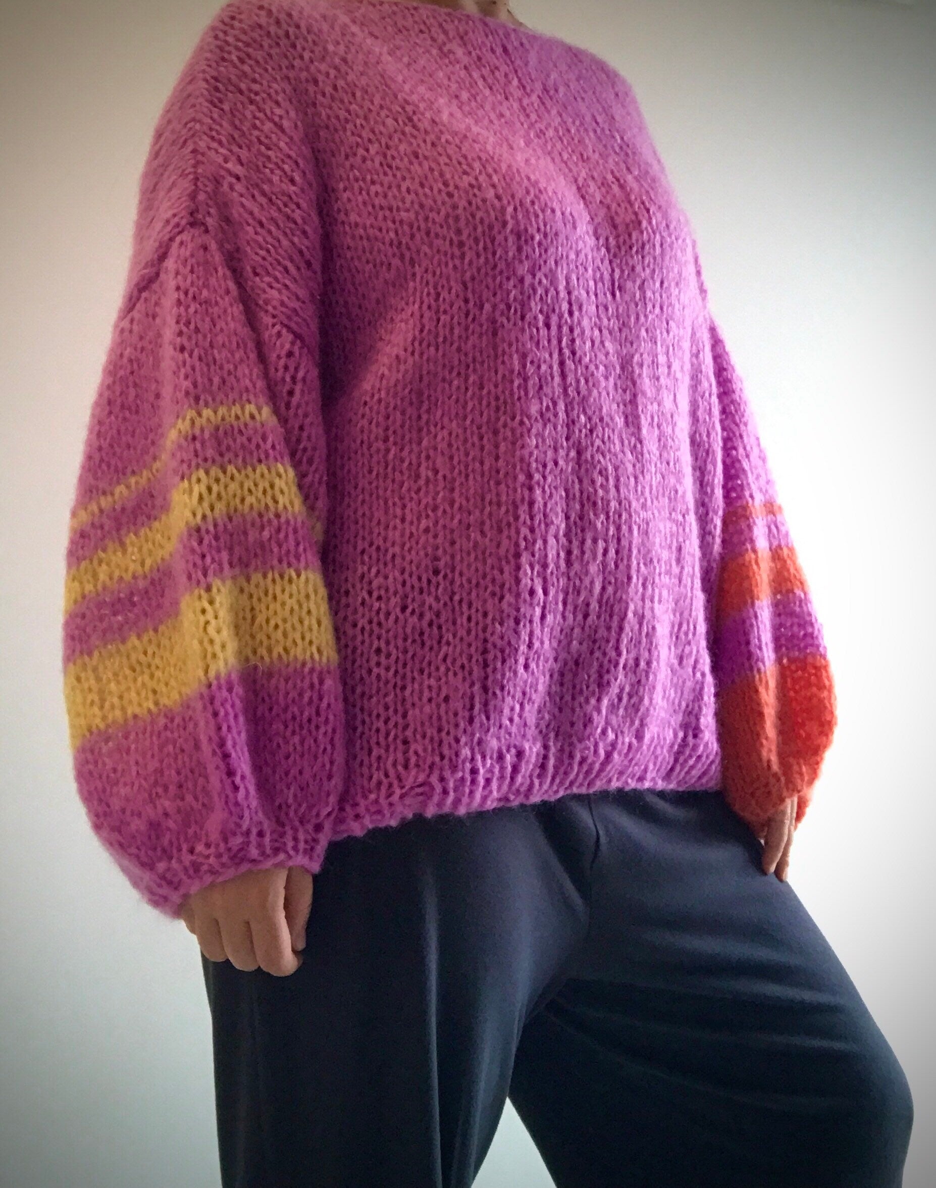 Violet Mohair Sweater, Oversized with Balloon Sleeves, Striped Sleeves, Light Soft Jumper, Purple Oversized Sweater