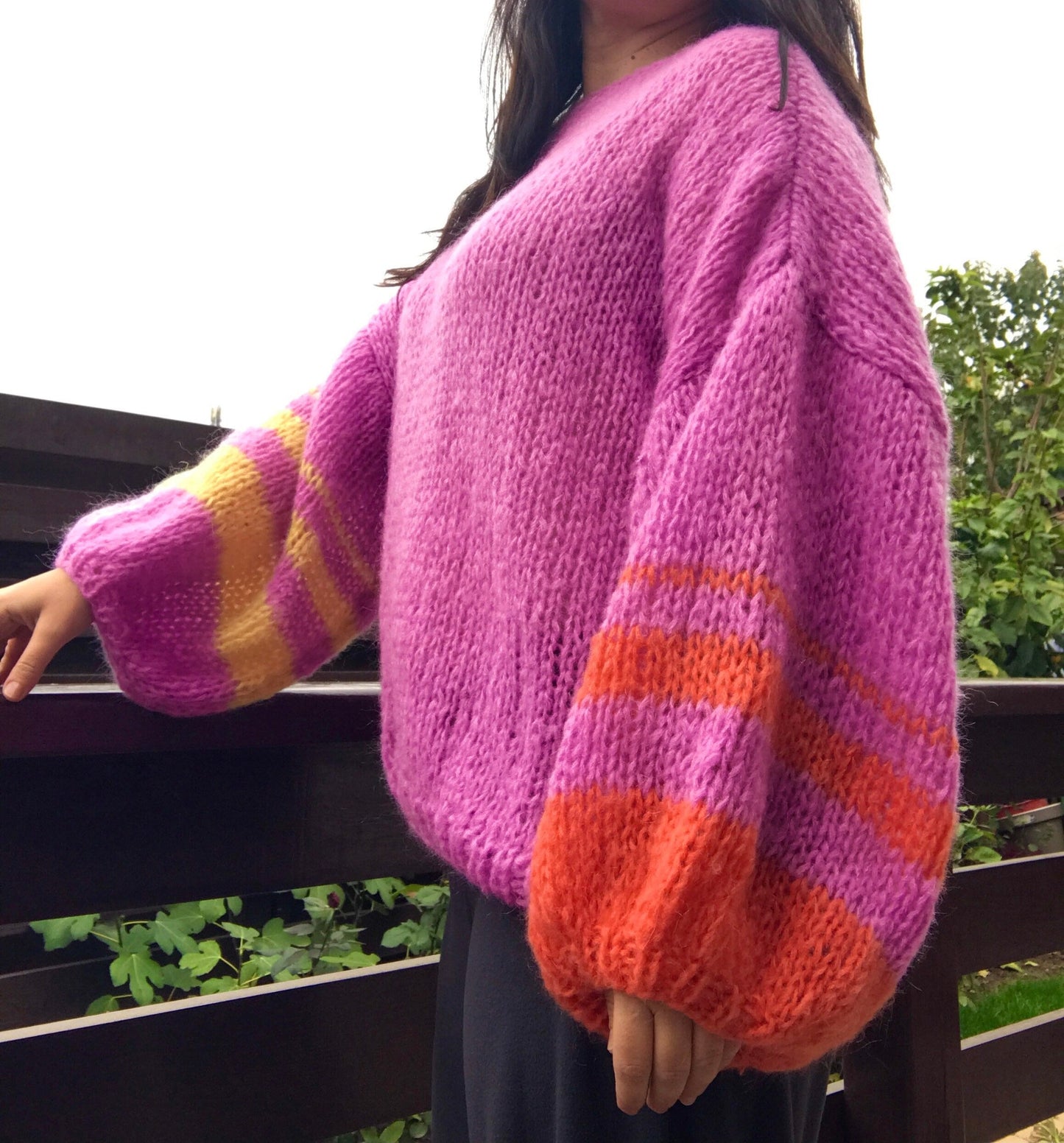 Violet Mohair Sweater, Oversized with Balloon Sleeves, Striped Sleeves, Light Soft Jumper, Purple Oversized Sweater
