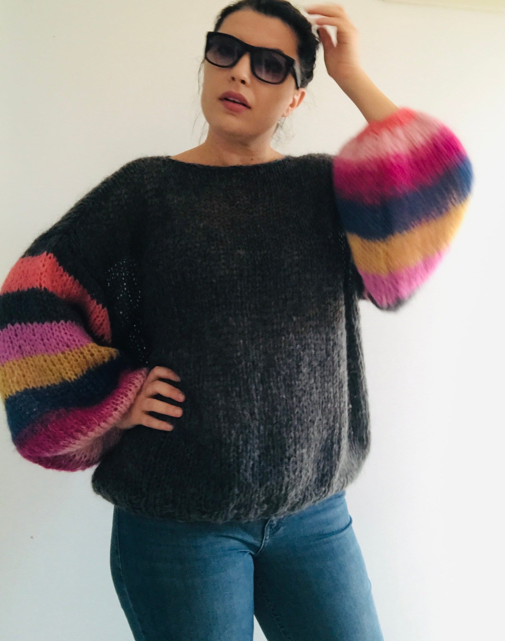 MUSE Dark Grey Mohair with Colored Striped Balloon Sleeves, Oversized Jumper, Multicolor Sweater,  Loose Sweater, Mohair and Silk Sweater