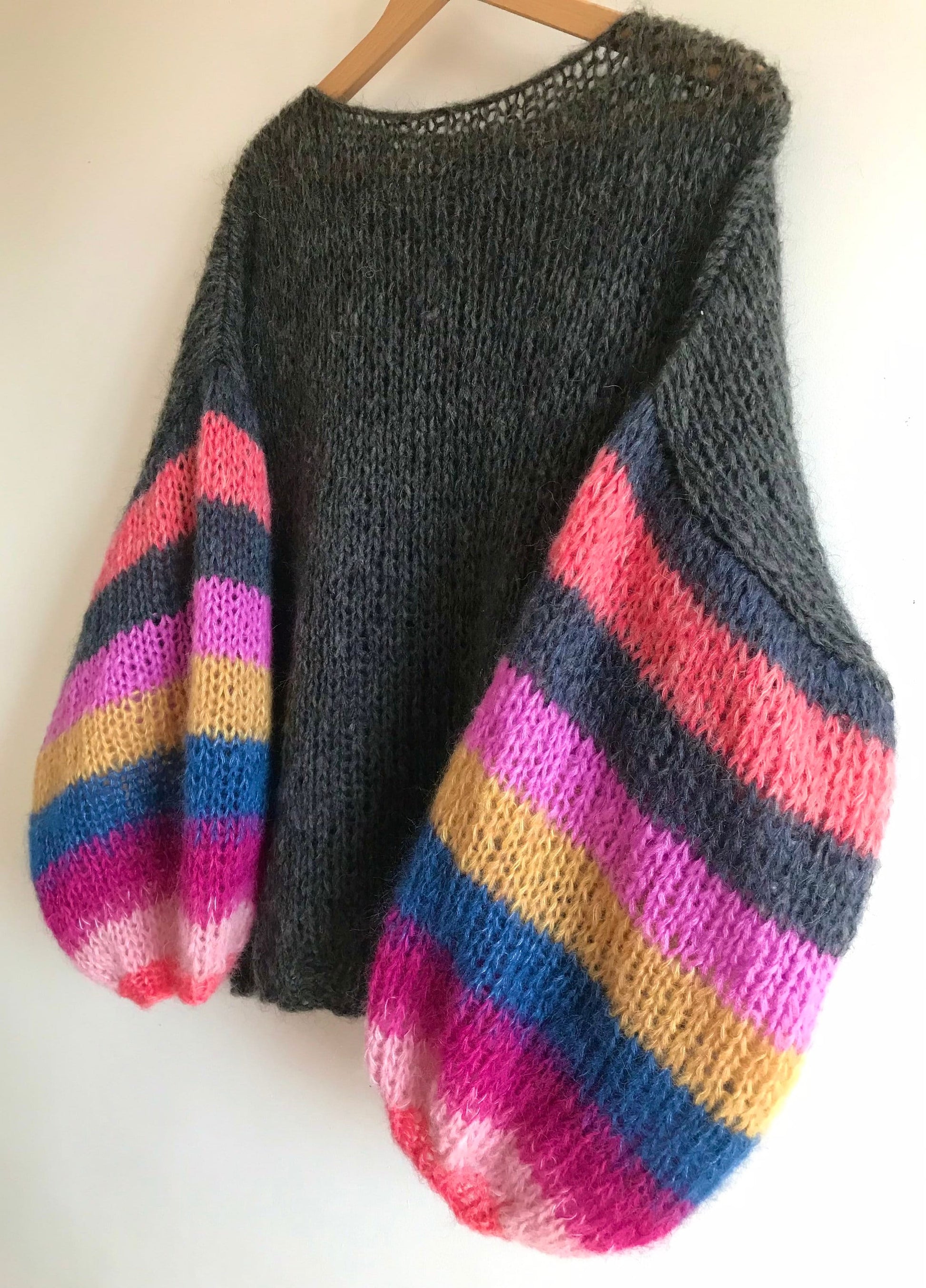 MUSE Dark Grey Mohair with Colored Striped Balloon Sleeves, Oversized Jumper, Multicolor Sweater,  Loose Sweater, Mohair and Silk Sweater
