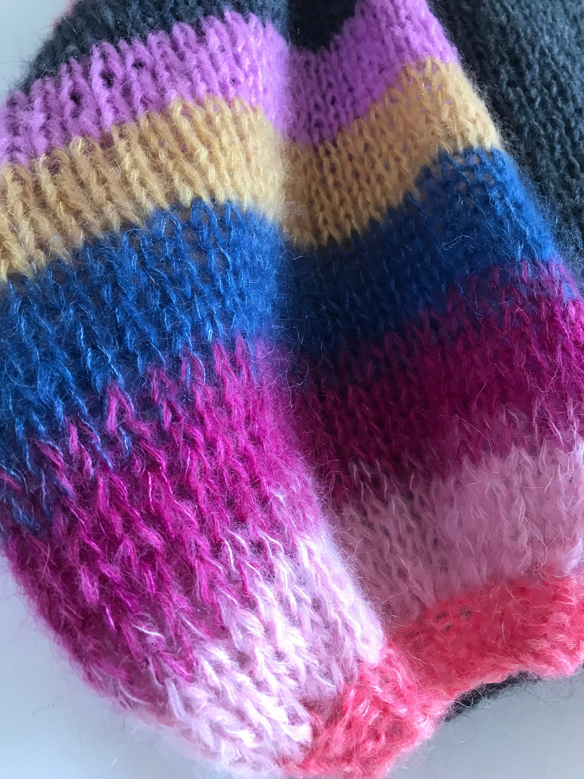 MUSE Dark Grey Mohair with Colored Striped Balloon Sleeves, Oversized Jumper, Multicolor Sweater,  Loose Sweater, Mohair and Silk Sweater