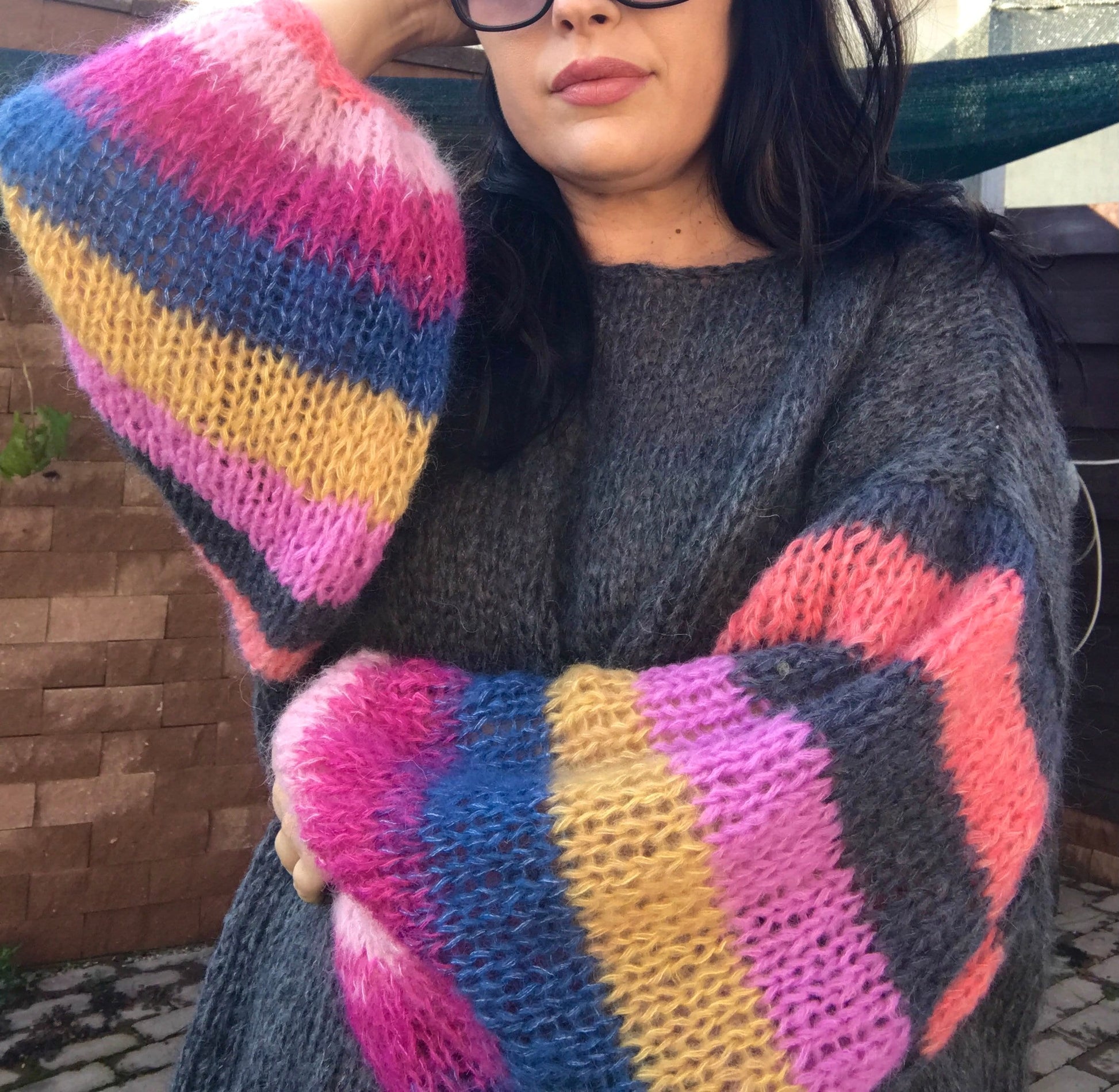 MUSE Dark Grey Mohair with Colored Striped Balloon Sleeves, Oversized Jumper, Multicolor Sweater,  Loose Sweater, Mohair and Silk Sweater
