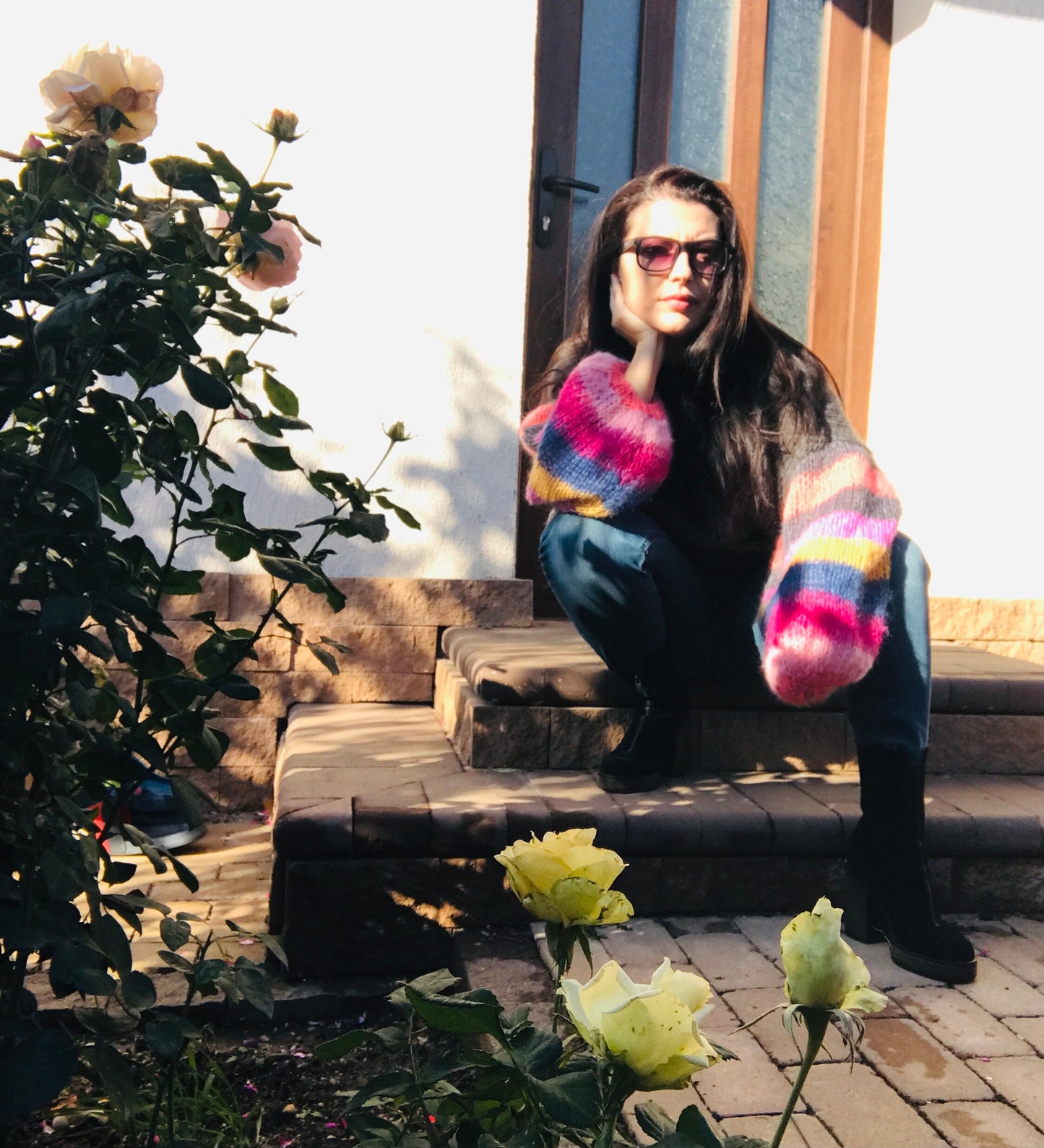 MUSE Dark Grey Mohair with Colored Striped Balloon Sleeves, Oversized Jumper, Multicolor Sweater,  Loose Sweater, Mohair and Silk Sweater